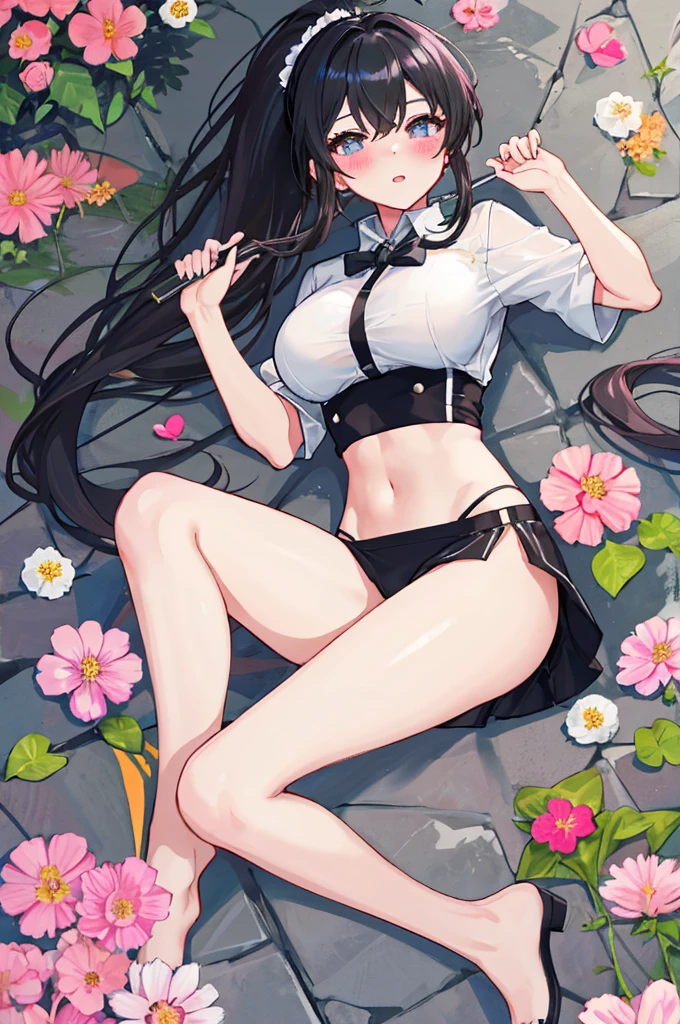 A girl,Double ponytail hair,Long hair,Black Hair,White shirt,Towering breasts,Slim waist,Showing belly,pubic,Smooth legs,blush,Lying in the flowers,