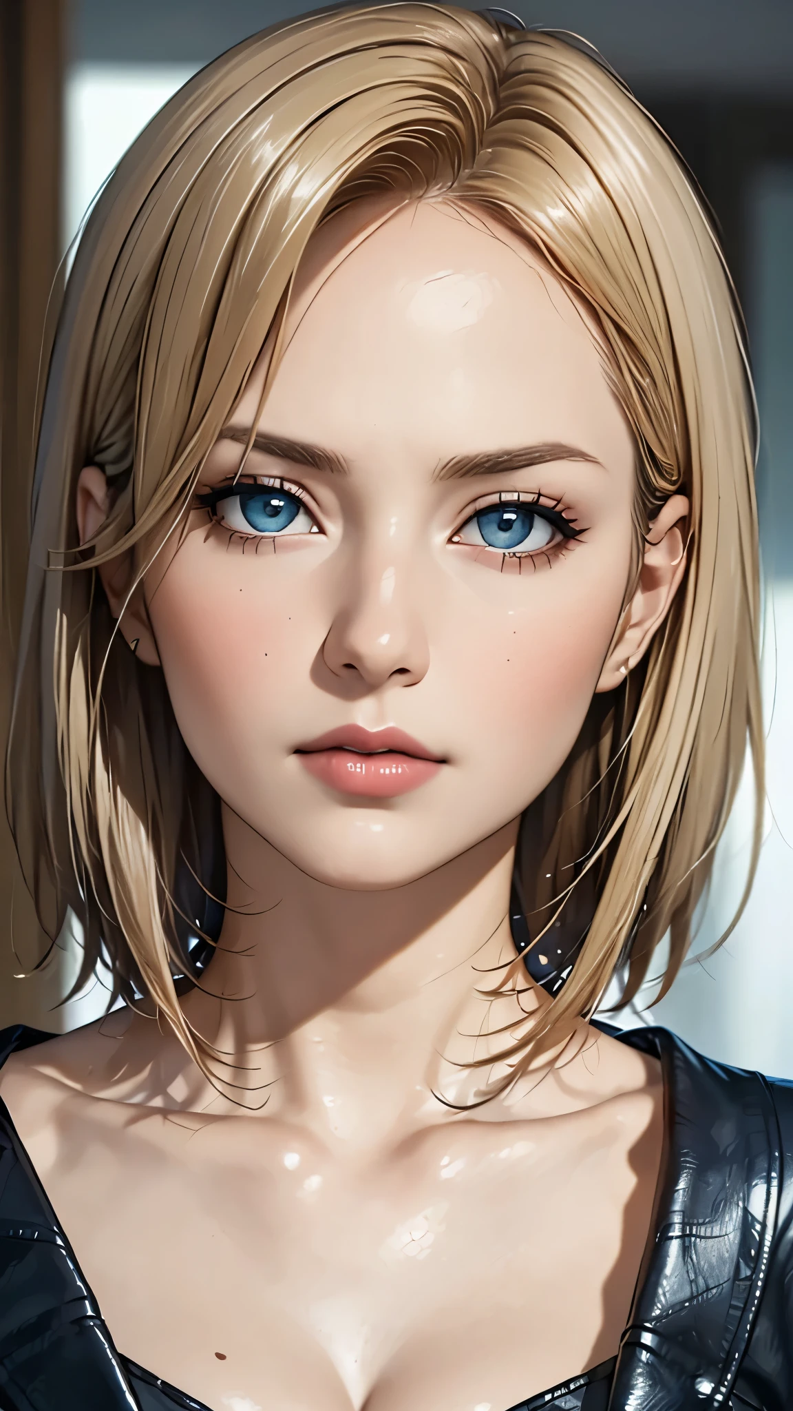 (highest quality,4k,8K,High resolution,masterpiece:1.2),Super detailed,realistic:1.37,portrait,blonde,blue eyes,white skin,wearing dark leather cloth,detailed facial features,beautiful lips,gorgeous eyes,A wonderful expression,retro style,soft lighting,Bright colors,slicked back hair,break,cowboy shot,