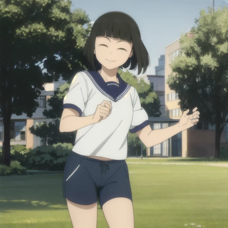 masterpiece,high quality,solo,school,outdoors,
closed eyes,:3,smile,
Riko'sfriend,1girl,
gym shirts,gym shorts, 