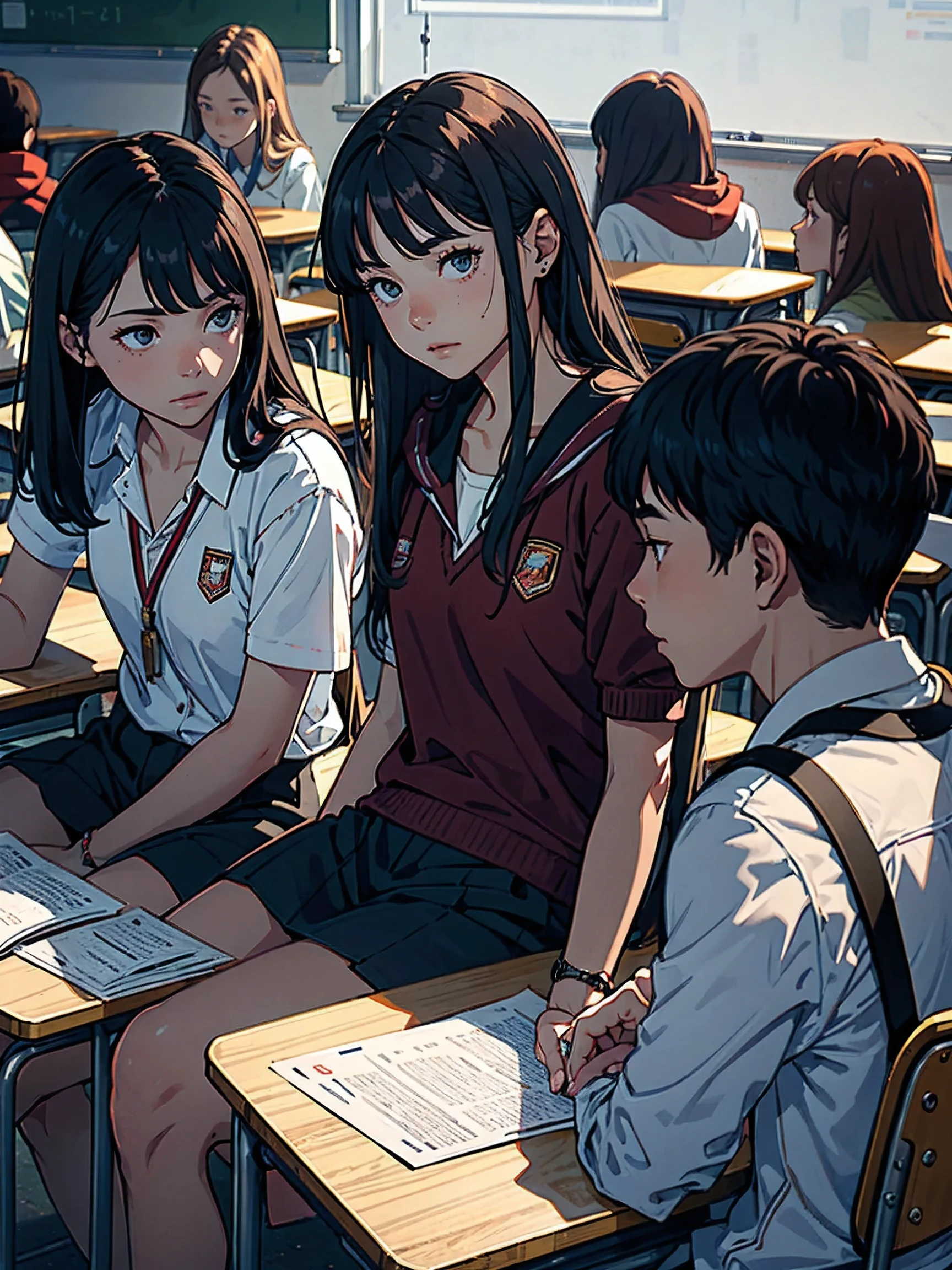 A group of students sat in a classroom, both male and female, close up