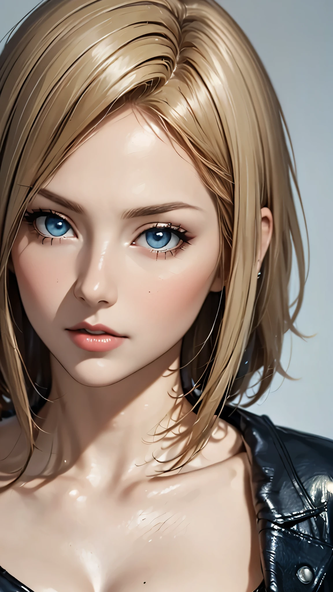 (highest quality,4k,8K,High resolution,masterpiece:1.2),Super detailed,realistic:1.37,portrait,blonde,blue eyes,white skin,wearing dark leather cloth,detailed facial features,beautiful lips,gorgeous eyes,A wonderful expression,retro style,soft lighting,Bright colors,slicked back hair,break,cowboy shot,