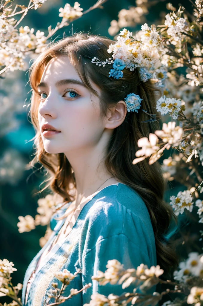 ( masterpiece, top quality, best quality,8k,17 years old girl,ultra detailed,raw photo:1.5),(photorealistic:1.4), (cinematic lighting), PerfectNwsjMajic, , Surrealism, UHD, ccurate, Super detail, textured skin, High detail, Best quality, dynamic angle, White skin,[Beautiful blue eyes], high nose,[flat chest:large breasts:0.5],(1girl),((good anatomy:0.5)),(covered in flowers:1.4), night sky, joint, interested in, fire and ice, (The image is divided into two，Available in a variety of colors:2), eyes blues, sapphire, liquid metal, night sky, (Look at an angle:1.3), (fire and ice), ((Lower chrome)), (hairpin:1.4), (forest:1.3), (fog: 1.3),  Subtle colors and tones, mystical aura ,dreamy atmosphere,expressive brush strokes, mystical ambiance, Artistic interpretation,Wonderland, blue glowing flowers tone, upper body, long hair, light brown streaked hair, brown hair