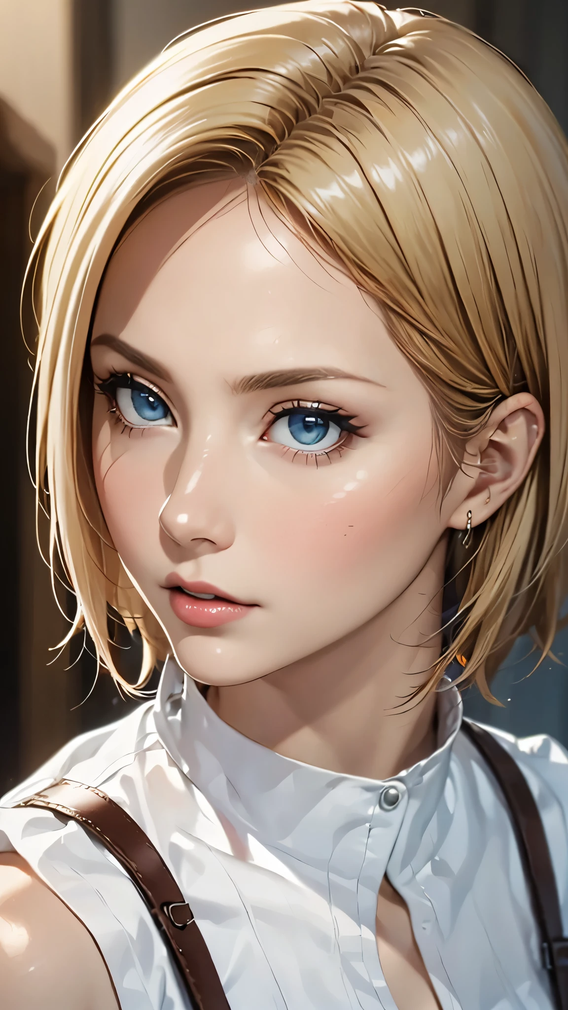 (highest quality,4k,8K,High resolution,masterpiece:1.2),Super detailed,realistic:1.37,portrait,blonde,blue eyes,white skin,wearing leather cloth,detailed facial features,beautiful lips,gorgeous eyes,A wonderful expression,retro style,soft lighting,Bright colors,slicked back hair,break,cowboy shot,