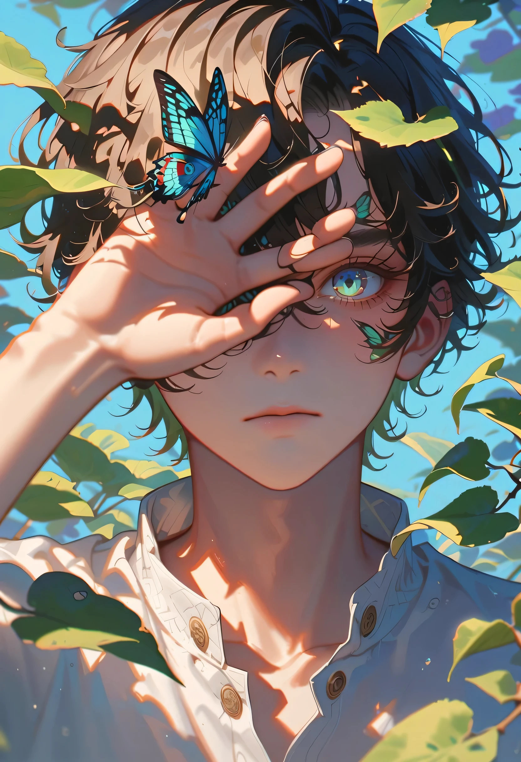 Style 9,Boys,Covering one eye with leaves,Butterfly landed on the eye