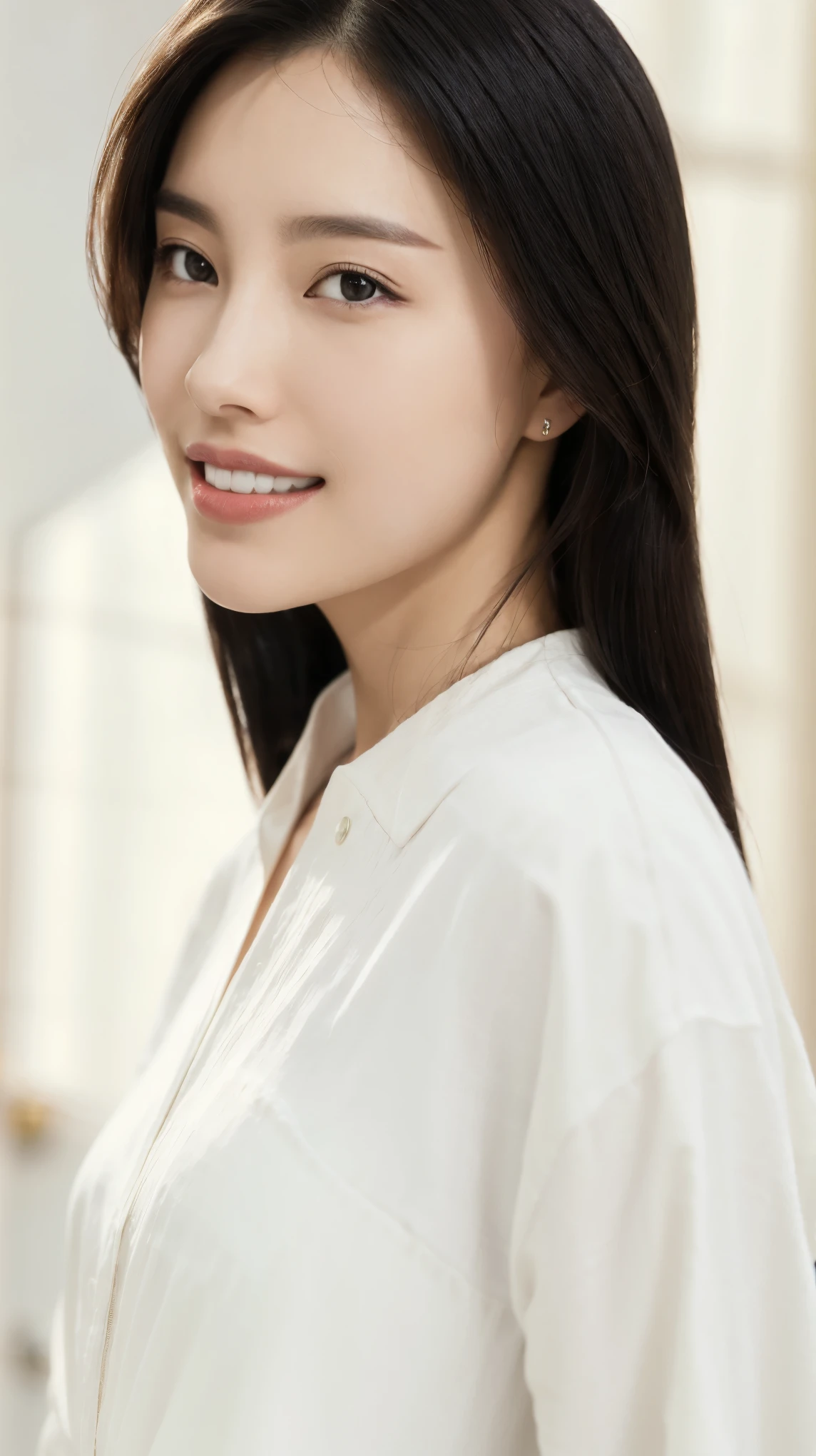 Fashion model 25 years old [[[[close up]]]], [[[[neck]]]], [[[[Shoulder]]]], Perfect eyes, Perfect iris，Perfect lips，Perfect Teeth，Perfect skin，White skin，Soft headlight，High-density imaging review，（Face is clear and delicate），((White casual wear))，((Smile))，((Background is indoor))，best quality，masterpiece，（Soft colors：1.2）