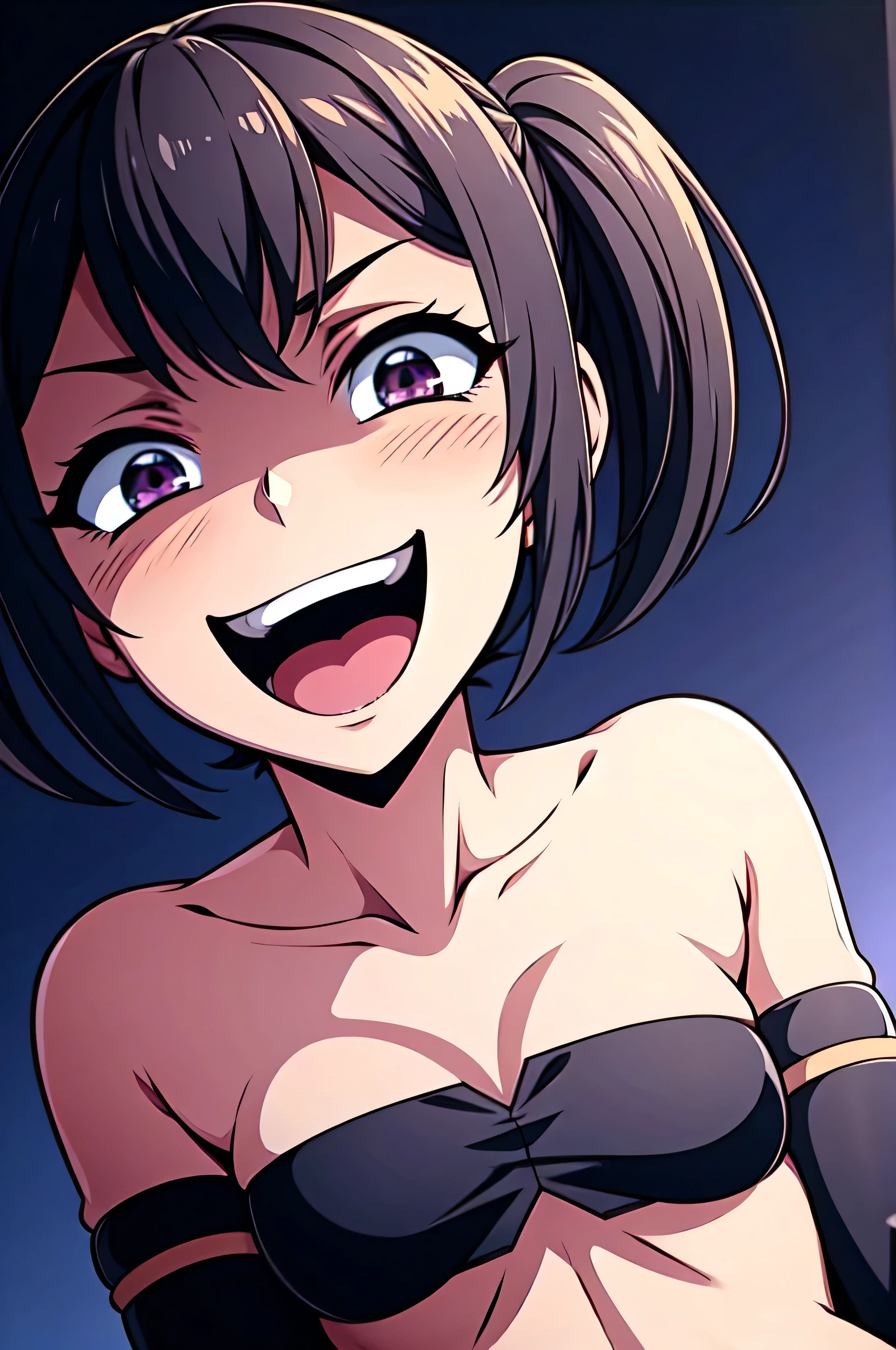 Best picture quality, 4K, 8K, High resolution, Masterpiece: 1.2), ultra detailed,,black and dark aura background,masterpiece, highest quality,best quakity, High resolution,,twintail,flat chest,sheded face,latex,elbow gloves,evil smile,sadistic,evil laugh at,,,Shiny skin,black and purple background,face only,