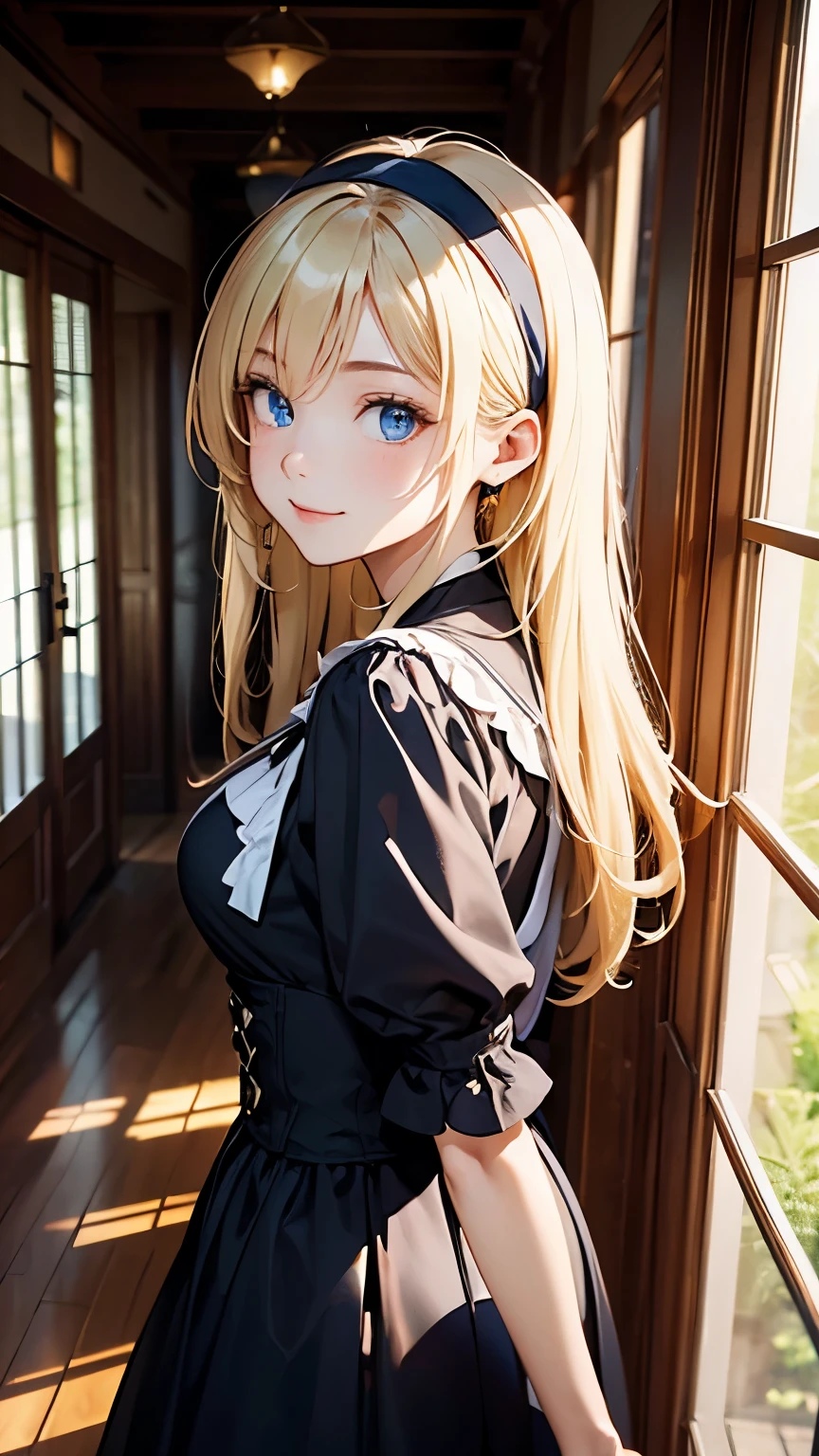 (masterpiece, highest quality, highest quality,official art),(1 girl:1.3),(attractive girl),((masterpiece, highest quality))、8K、one woman、(26 years old)、((blonde))、shortcut、attractive woman、blue eyes、Big eyes、sparkling eyes、Beautifully drawn eyes、challenging smile、small bust、blue gothic maid、white headband、(look back)、Knee to head、Corridor of a luxurious house、aerial perspective、pure、transparent、Light、Light、