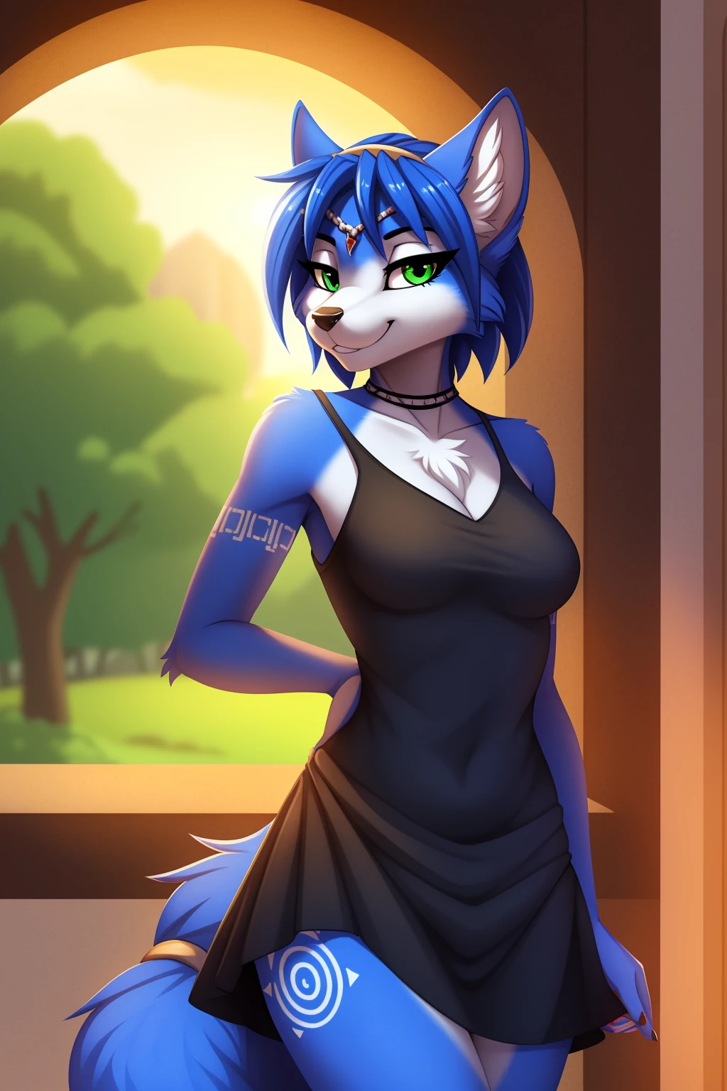 By zinfyuu on pixiv,by twistedscarlet60, uploaded on pixiv, by fluff-kevlar, (masterpiece), (best quality), (anthro furry:1.3, snout:1.2, anthro:1.3, furry:1.2, solo female:1.2), (extremely detailed:1.3), (Detailed eye part: White lens, green iris,black cornea), tall, slim body, sweet smile, wear Black tshirt and long skirt, krystal