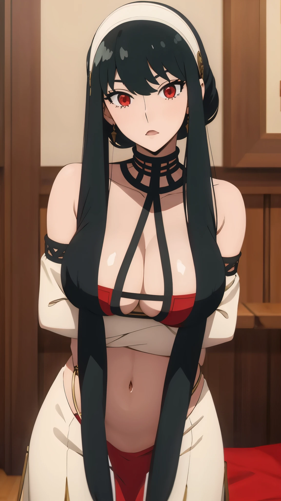 Yor, red eyes, sexy, lenceria negra, +18
