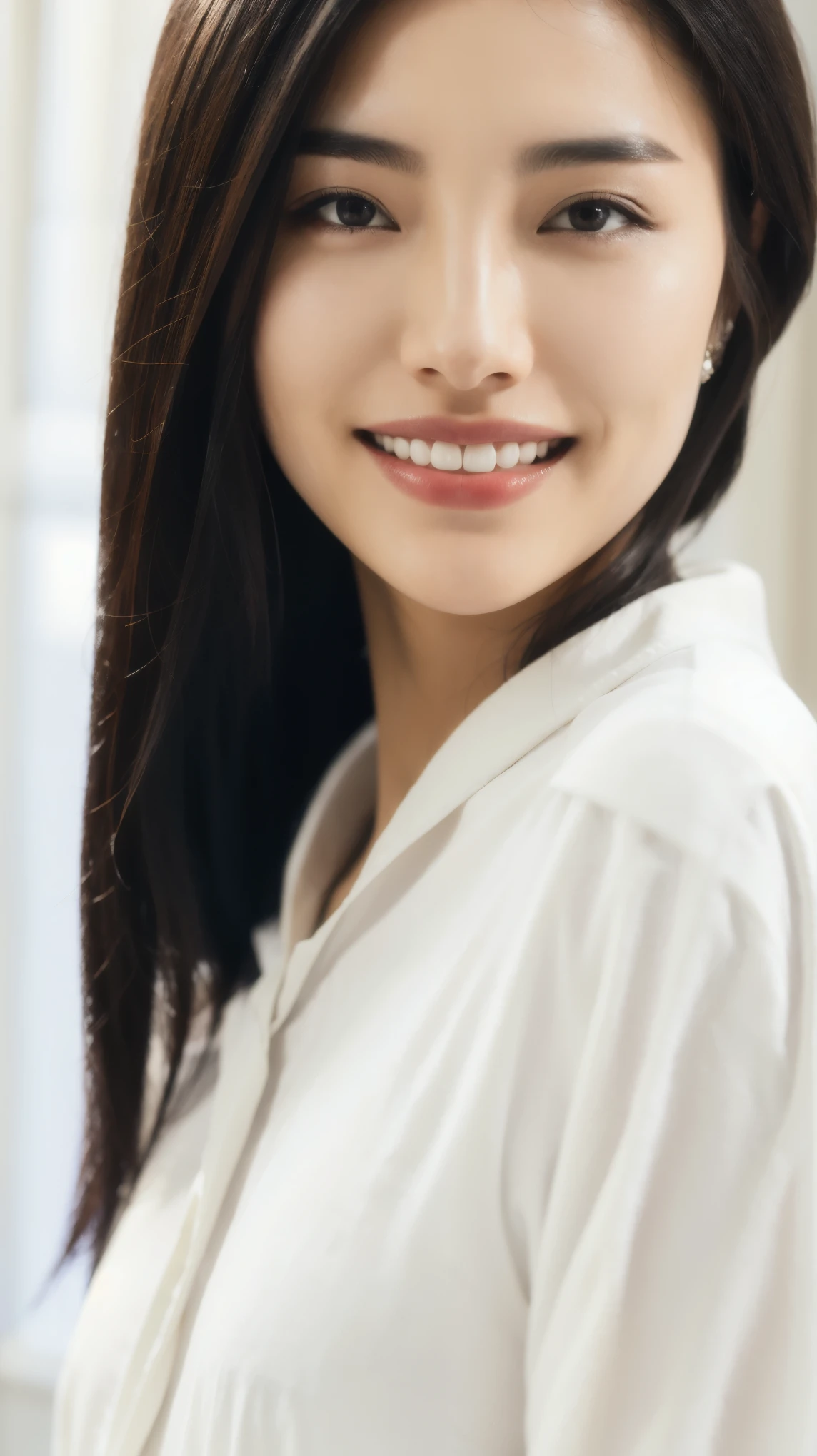 Fashion model 25 years old [[[[close up]]]], [[[[neck]]]], [[[[Shoulder]]]], Perfect eyes, Perfect iris，Perfect lips，Perfect Teeth，Perfect skin，White skin，Soft headlight，High-density imaging review，（Face is clear and delicate），((White casual wear))，((Smile))，((Background is indoor))，best quality，masterpiece，（Soft colors：1.2）