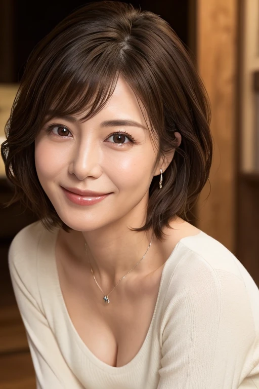 8k, highest quality, masterpiece, Realistic, Photorealistic, Very detailed, Natural light, , Detailed open neckline sweater, I can see her cleavage, 1 Japanese female, 40 years old, Slightly brown-haired, short hair, , Long knit in white、V-neck shirt, (Leaning forward to look into the camera on the floor), Detailed bending forward, A refreshing smile, Friendly smile, Happy emotion smiley face, Very detailedな顔と肌, Very detailedな目, Very detailedな顔と肌, Very detailedな笑顔,