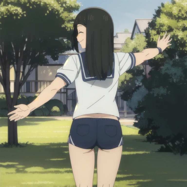 masterpiece,high quality,solo,school,outdoors,
closed eyes,:3,smile,
Riko'sfriend,1girl,
gym shirts,gym shorts, ass, spread ass, back view,
