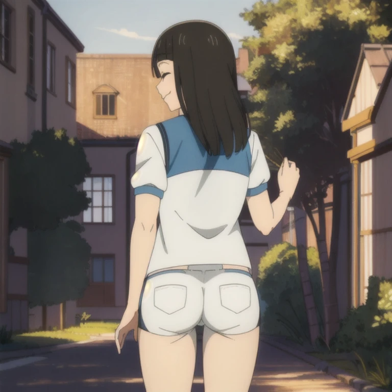 masterpiece,high quality,solo,school,outdoors,
closed eyes,:3,smile,
Riko'sfriend,1girl,
gym shirts,gym shorts, ass, spread ass, back view, 