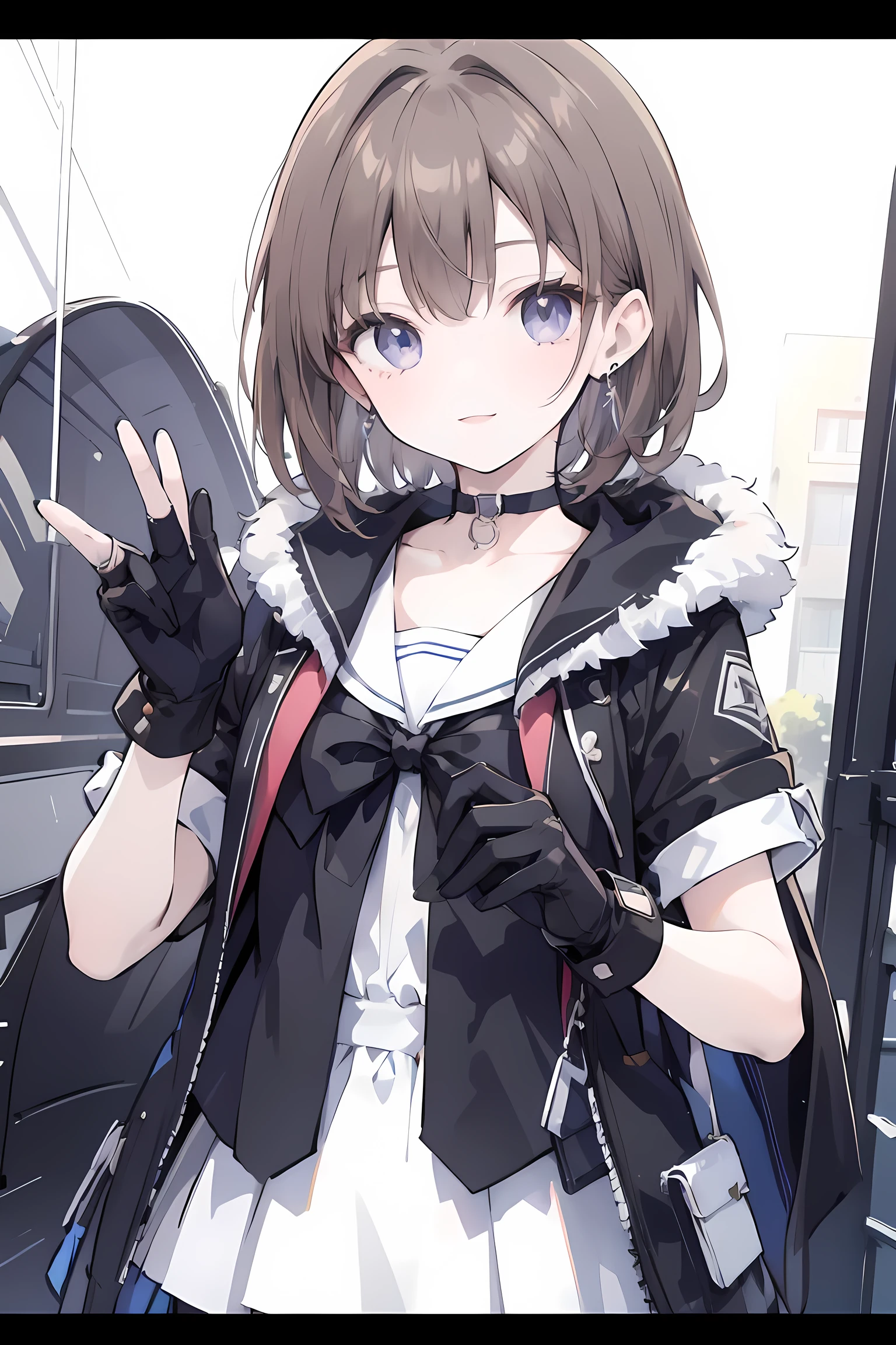 1girl, anime_coloring, black_eyes, black_gloves, brown_hair, choker, earrings, gloves, jewelry, letterboxed, parody, short_hair, smile, solo, style_parody,