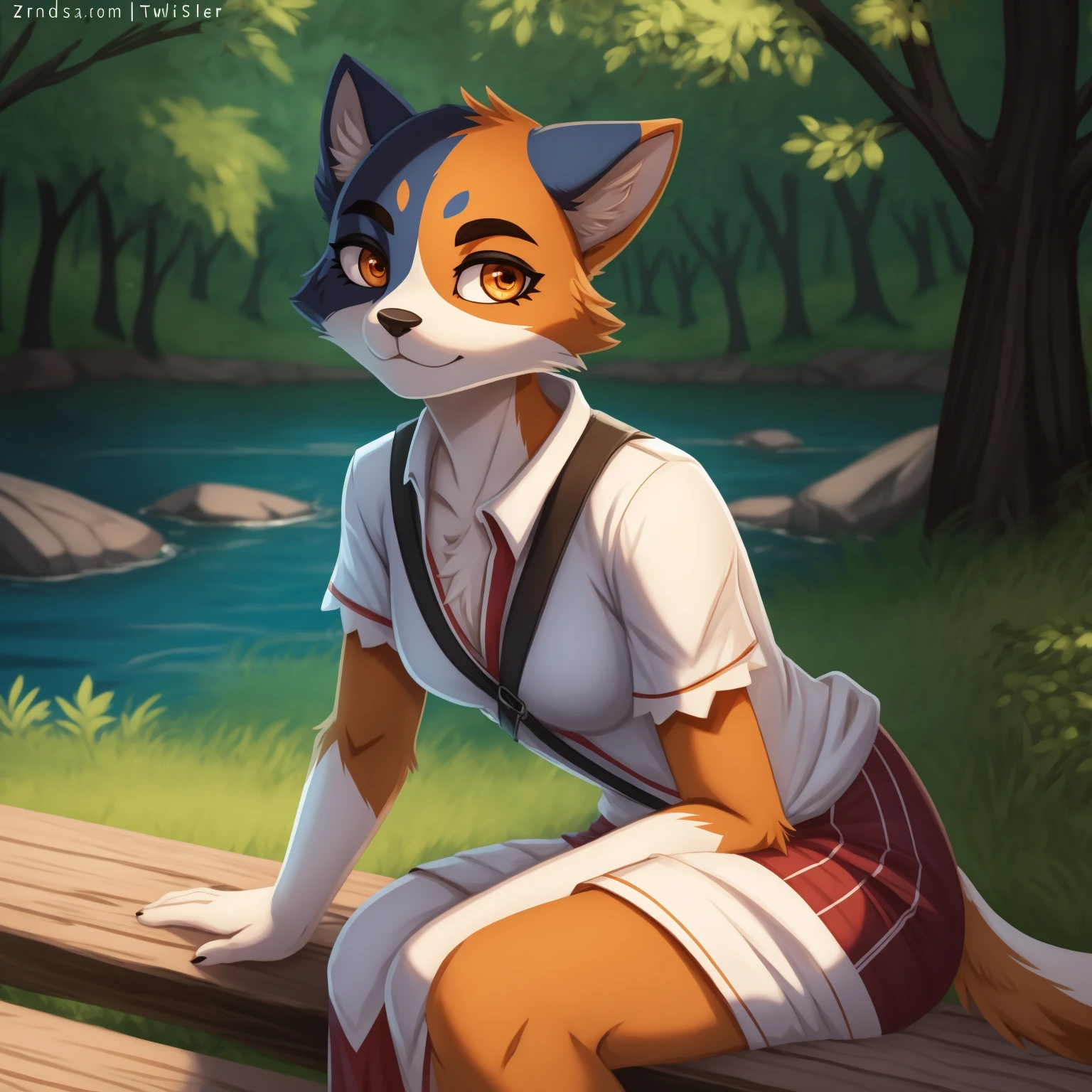 By zinfyuu on pixiv,by twistedscarlet60, uploaded on pixiv, by fluff-kevlar, (masterpiece), (best quality), (anthro furry:1.3, snout:1.2, anthro:1.3, furry:1.2, solo female:1.2), (extremely detailed:1.3), (orange_detailed_eye), wearing white dress, sfw, forest, sitting, lake, nature beauty, view on viewer, meowskulls, multicolored fur, calico cat, (black, orange and white fur on face)