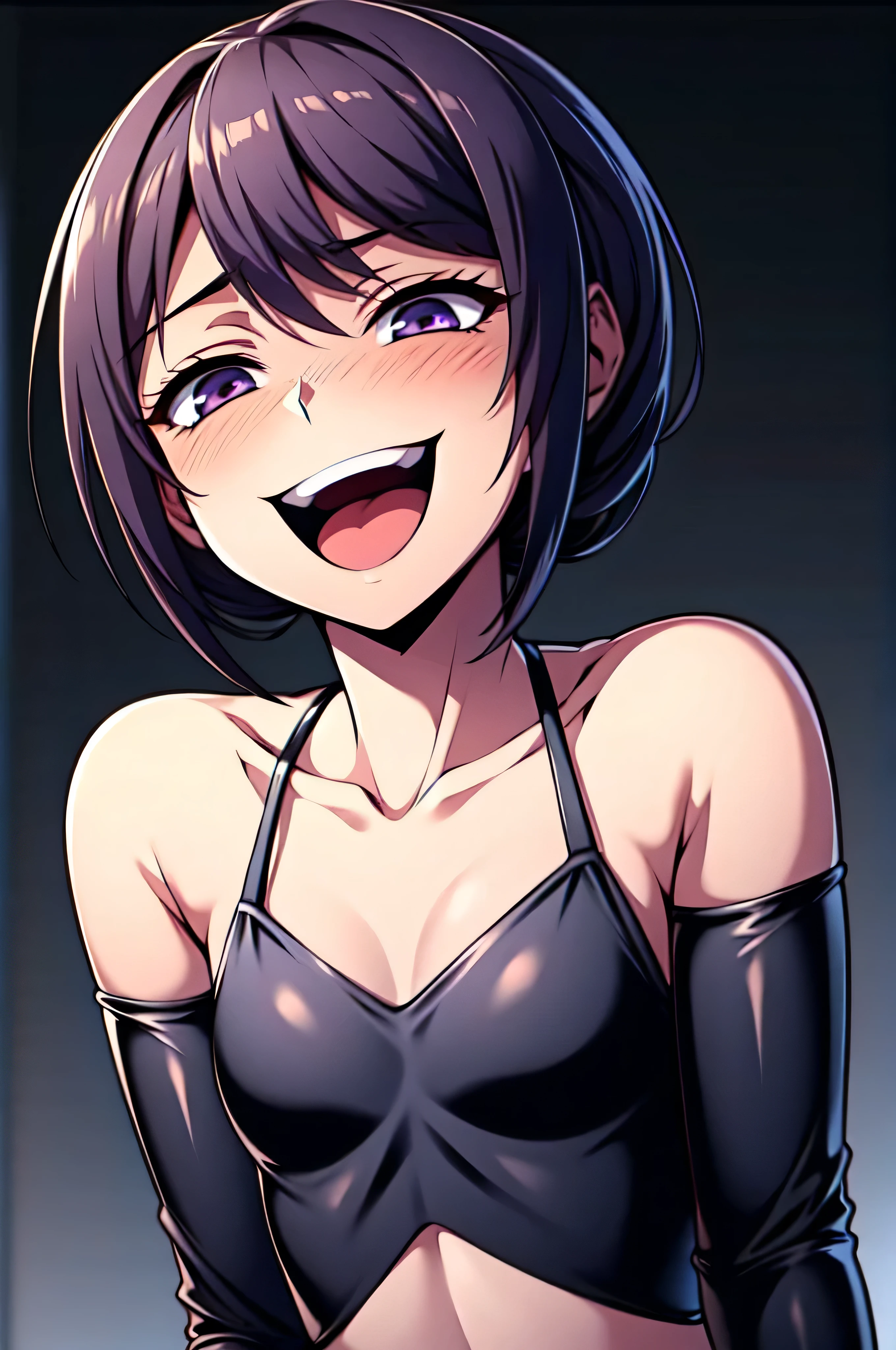 Best picture quality, 4K, 8K, High resolution, Masterpiece: 1.2), ultra detailed,,black and dark aura background,masterpiece, highest quality,best quakity, High resolution,,twintail,flat chest,sheded face,latex,elbow gloves,evil smile,sadistic,evil laugh at,small girl,,Shiny skin,black and purple background,face only,