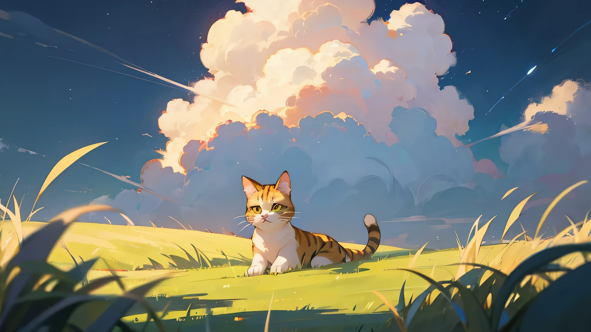 a cute cat with clouds and grass and night sky