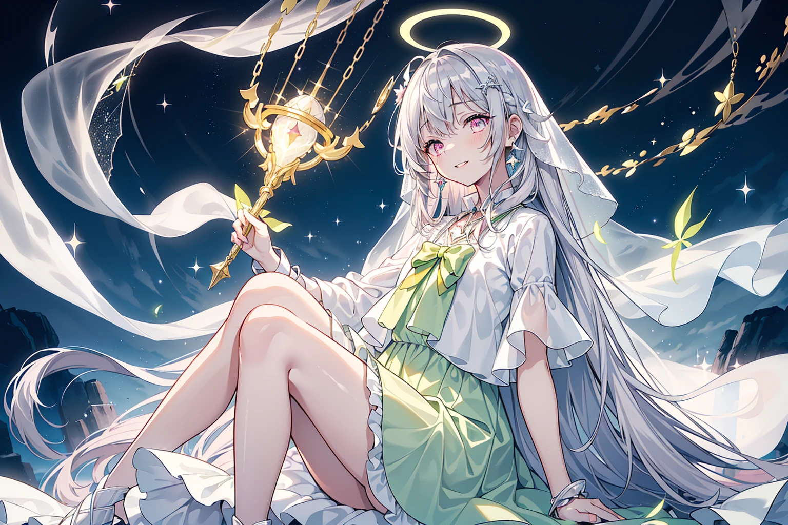 (best quality), (top-quality), (hight resolution), 8K images, (masterpiece), ((perfect face)), (detailed face), (detailed eyes), (clear lines), hair strand,Light skin, ((1girl)), ((solo)), beautiful fantasy anime, top rated on pixiv, (expressive eyes), (perfect eyes), (((light_pink eyes))), perfect face, grinning, ((white silver hair)), (white hair), braided bangs, hair over eyes, earrings, {{{{{{{super flat chest}}}}}}}, {{{{{{{flat chest}}}}}}}, (((((flat chest))))),(((lime green collar shirt))), (((lime green outfit))), (lime frilly outfit), (a lot of frilly), (lime lolita style), (lolita fashion), (((long veil covering head))), (((gorgeous halo above head))), she is floating in the air , holding a long silver magic chain,Award-winning photo,extremely detailed,finely detailled, (floating glowing crystals), wide shot, (beautiful detailed sky with a lot of stars),(galactic), (lots of beautiful and delicate water), offficial art, game spash art, ultra epic detailed sky, perfect lighting, many mirrors floating, excited pose, magic silver chains around, full body like, star rain, gorgeous background, angelic, (sit 1.2)