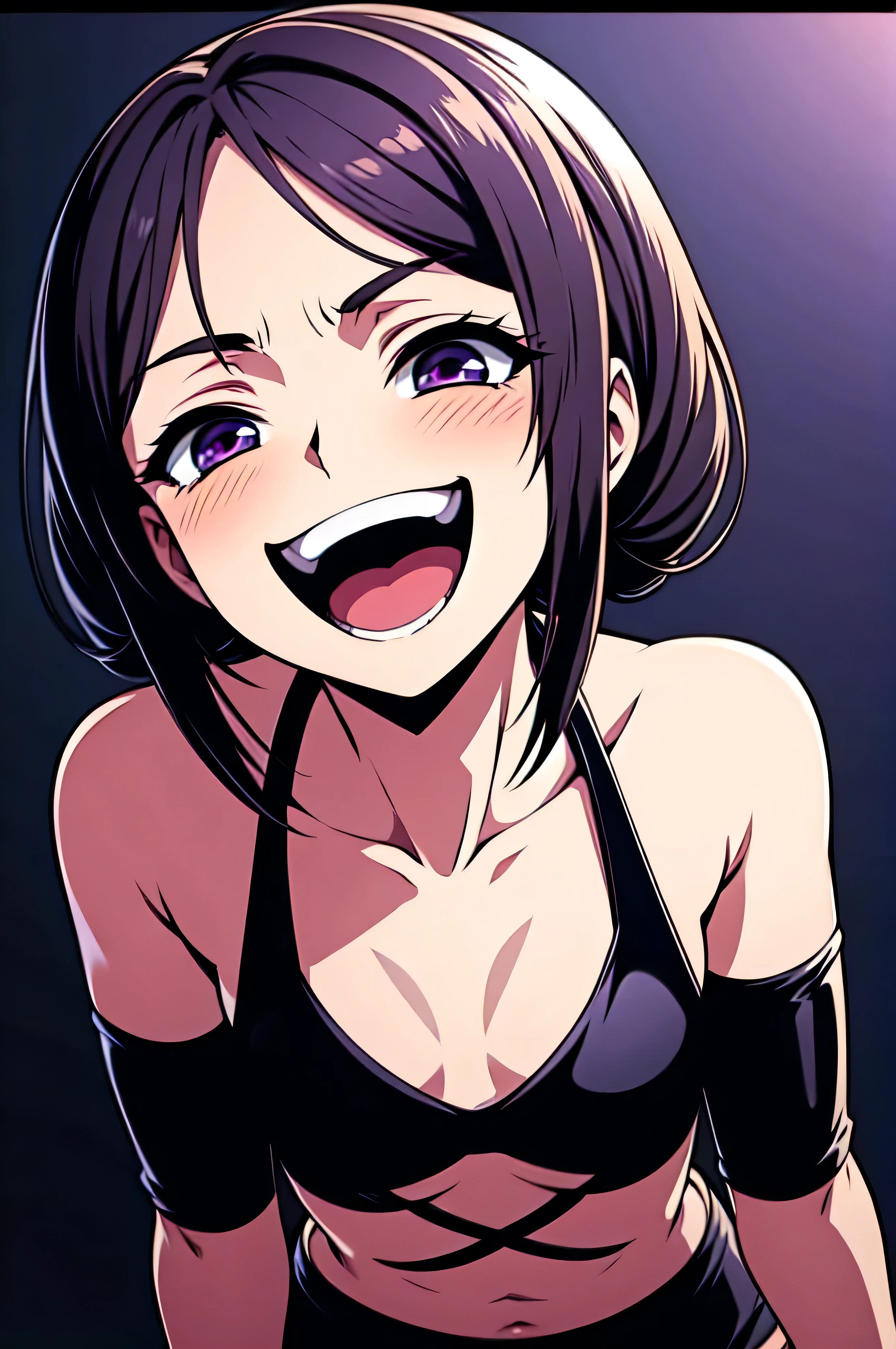 Best picture quality, 4K, 8K, High resolution, Masterpiece: 1.2), ultra detailed,,black and dark aura background,masterpiece, highest quality,best quakity, High resolution,,twintail,flat chest,sheded face,latex,elbow gloves,evil smile,sadistic,evil laugh at,small girl,,Shiny skin,black and purple background,face only,