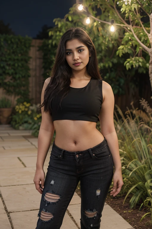 Portrait photo of a Amazingly beautiful 20 years old bengali girl wearing a black crop top and black ripped jeans, standing, curvy body, , , beautifully done hair, masterpiece, uhd, best quality, shot with nikon 85 mm lens, realism, in a garden at night, beautiful garden, 8k, looking at the camera, close photo,