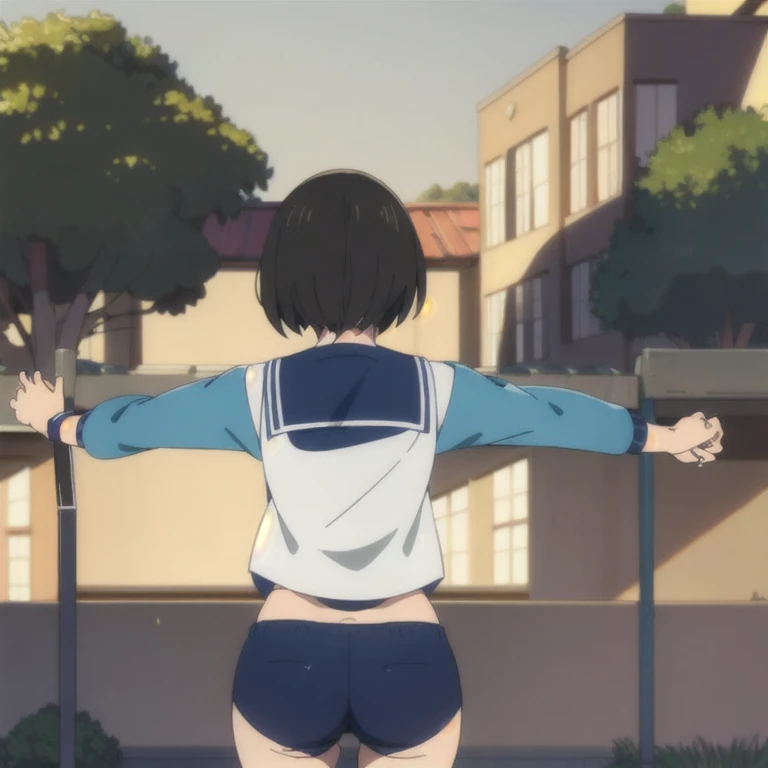 masterpiece,high quality,solo,school,outdoors,
closed eyes,:3,smile,
Riko'sfriend,1girl, short hair, bending over, 
School gym shirts, school gym shorts, ass, spread ass, back view, 