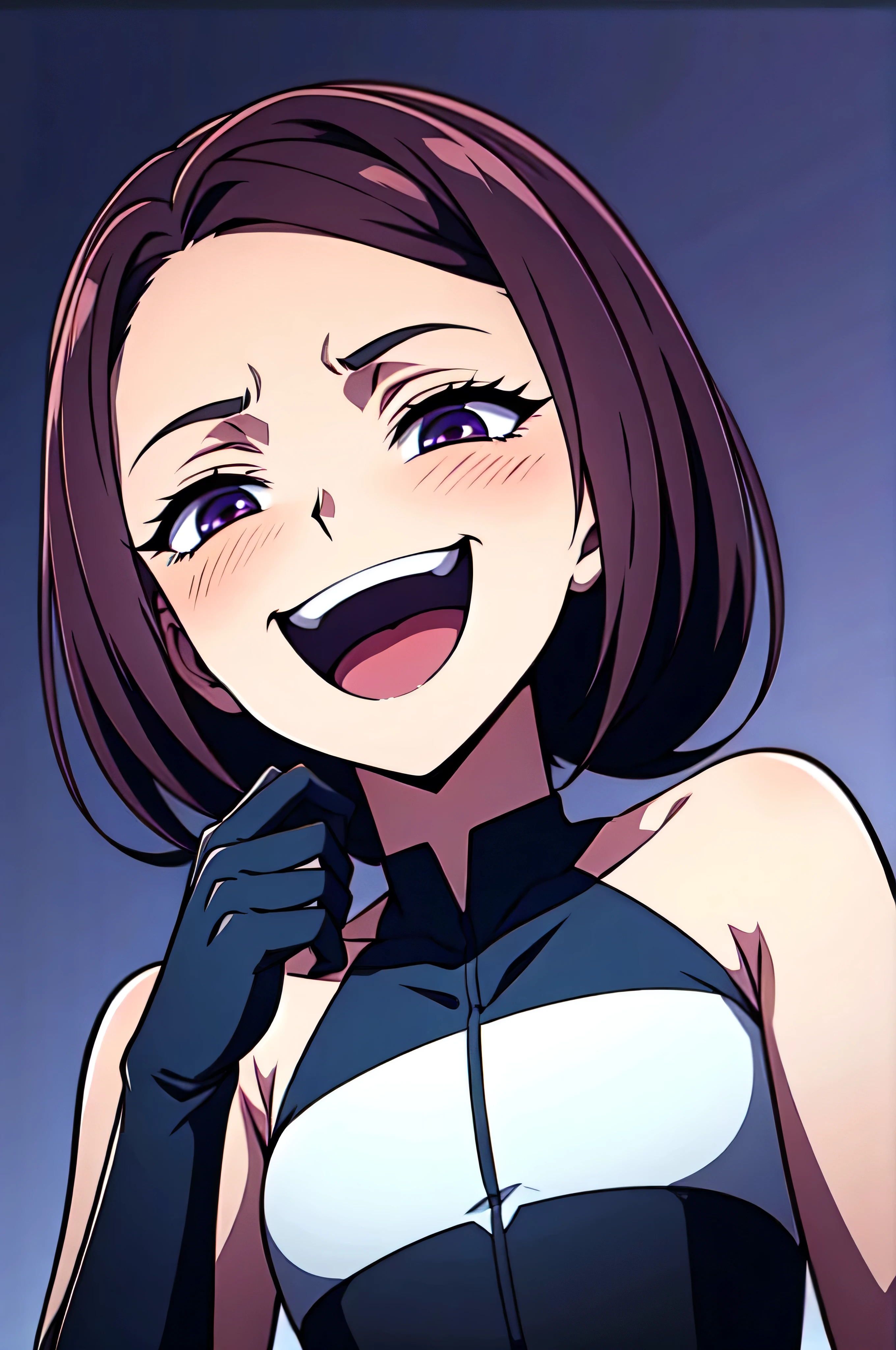 Best picture quality, 4K, 8K, High resolution, Masterpiece: 1.2), ultra detailed,,black and dark aura background,masterpiece, highest quality,best quakity, High resolution,,twintail,flat chest,sheded face,latex,elbow gloves,evil smile,sadistic,evil laugh at,,,Shiny skin,black and purple background,face only,