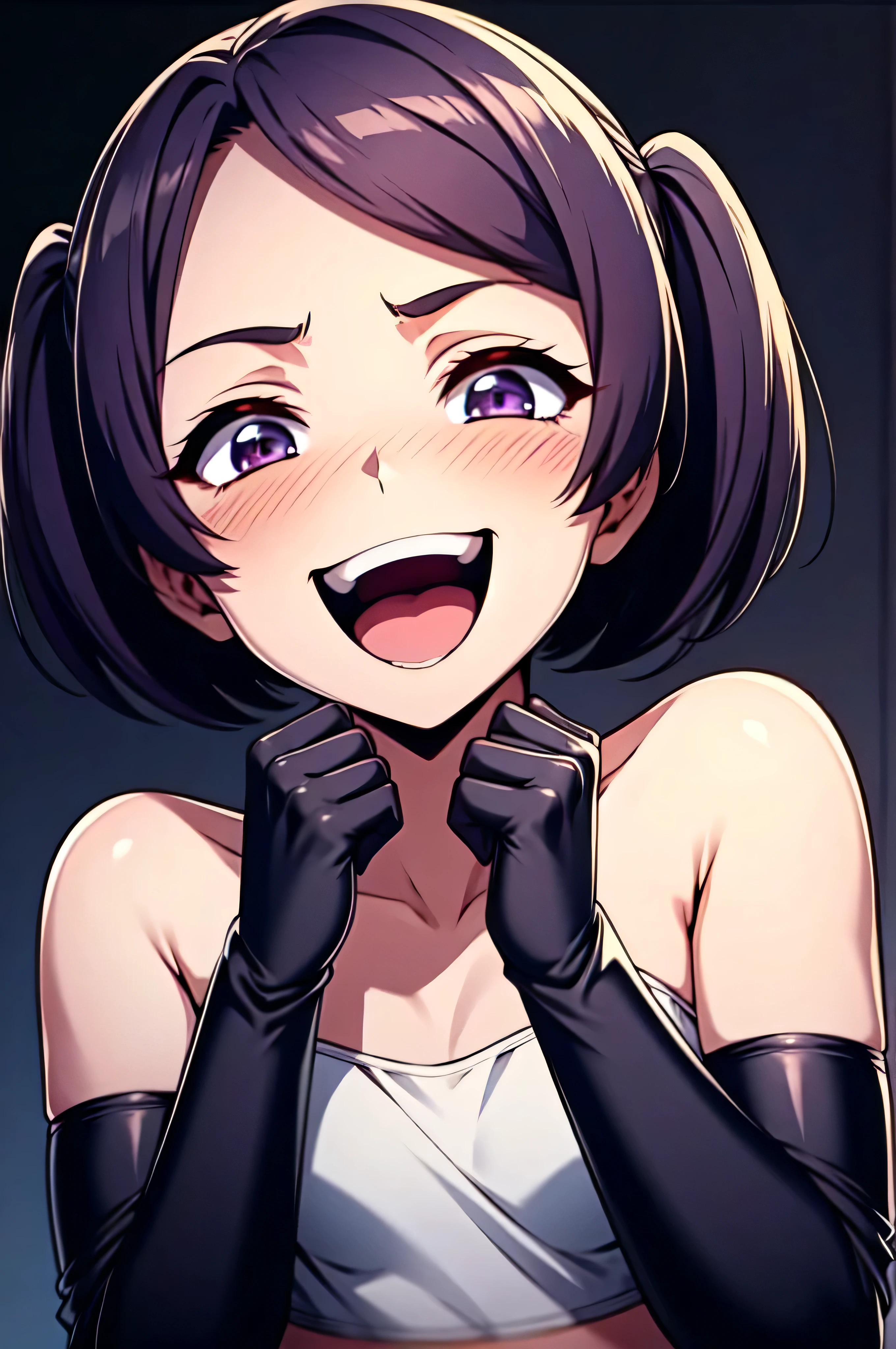 Best picture quality, 4K, 8K, High resolution, Masterpiece: 1.2), ultra detailed,,black and dark aura background,masterpiece, highest quality,best quakity, High resolution,,twintail,flat chest,sheded face,latex,elbow gloves,evil smile,sadistic,evil laugh at,small girl,,Shiny skin,black and purple background,face only,