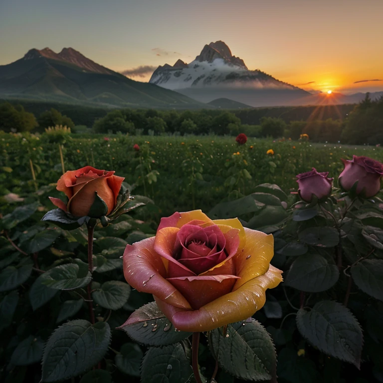 A beautiful rose , hybrid , early morning dew , sunrise in the background , multicolored, multi-layered, hint of mountains in the distance,