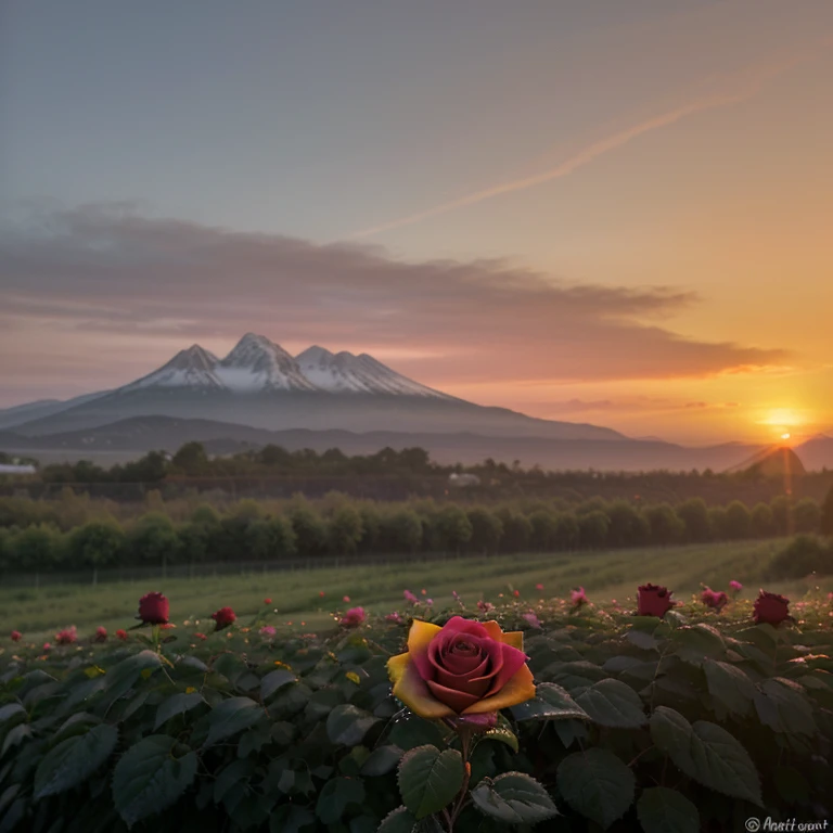 A beautiful rose , hybrid , early morning dew , sunrise in the background , multicolored, multi-layered, hint of mountains in the distance,