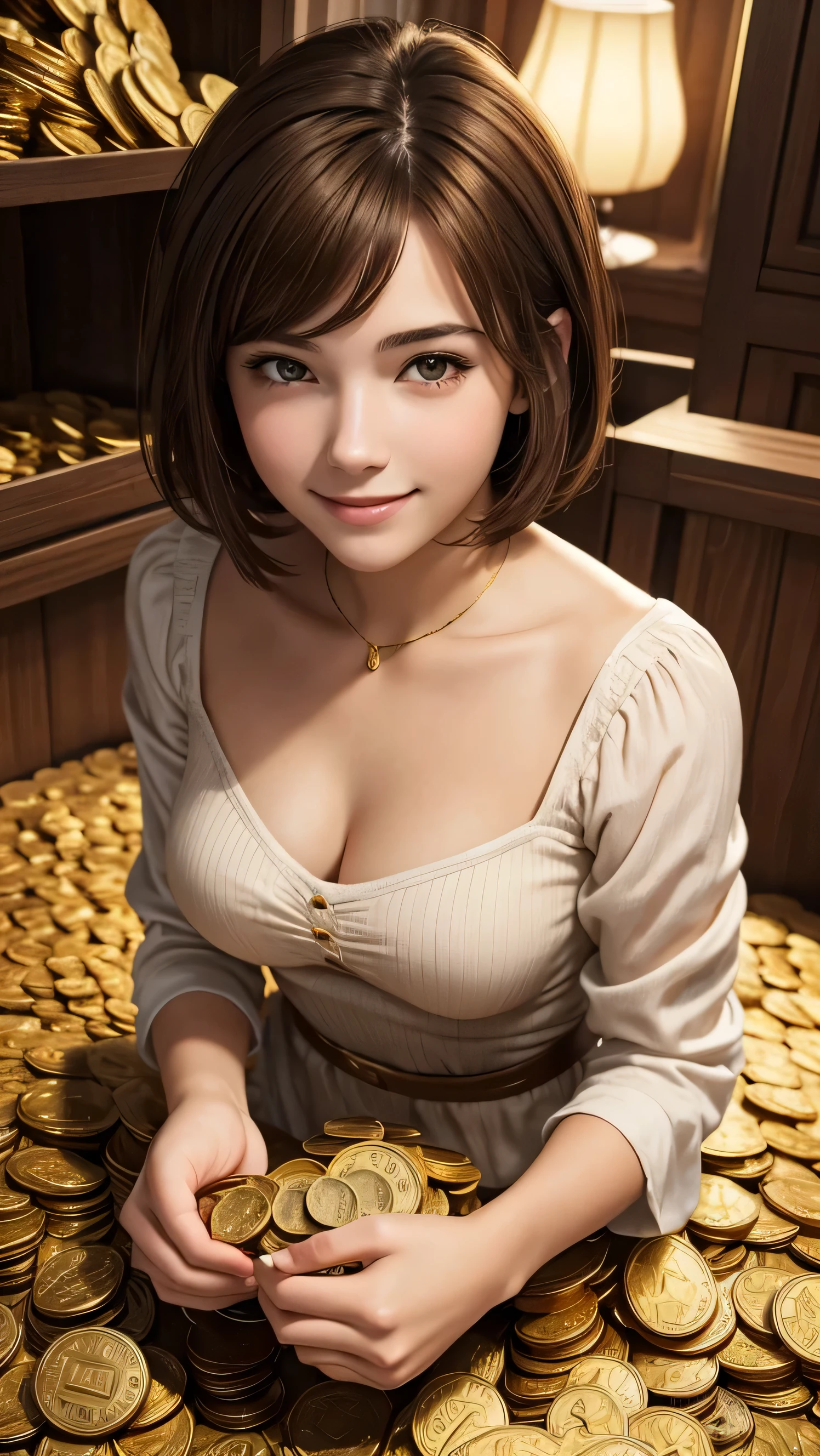 masterpiece, highest quality,18 year old young woman,Brown Hair ,short hair,alone, nice, Realistic,smile,Look forward, surrounded by piles of gold coins,gorgeous,Lady