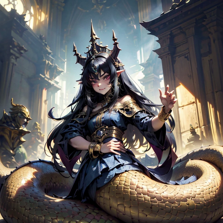 (Superflat, Flat Shading),Lamia Queen\(cute,kawaii,,Geeky feel,Black Scales,Arrogant and sharp gaze,Intimidating posture,Blue pattern on the scales,long fluffy black hair,Gold Chain Mail,bracelet,Taking an arrogant stance on the royal throne,evil smile,Barbaric style,very cute,dynamic pose,\), BREAK ,Dark fantasy,dynamic wide view,full body,High angle,quality\(8k,wallpaper of extremely detailed CG unit, ​masterpiece,hight resolution,top-quality,top-quality real texture skin,hyper realisitic,increase the resolution,RAW photos,best qualtiy,highly detailed,the wallpaper,cinematic lighting,ray trace,golden ratio,\),dynamic angle,(nsfw:1),5fingers,better hand