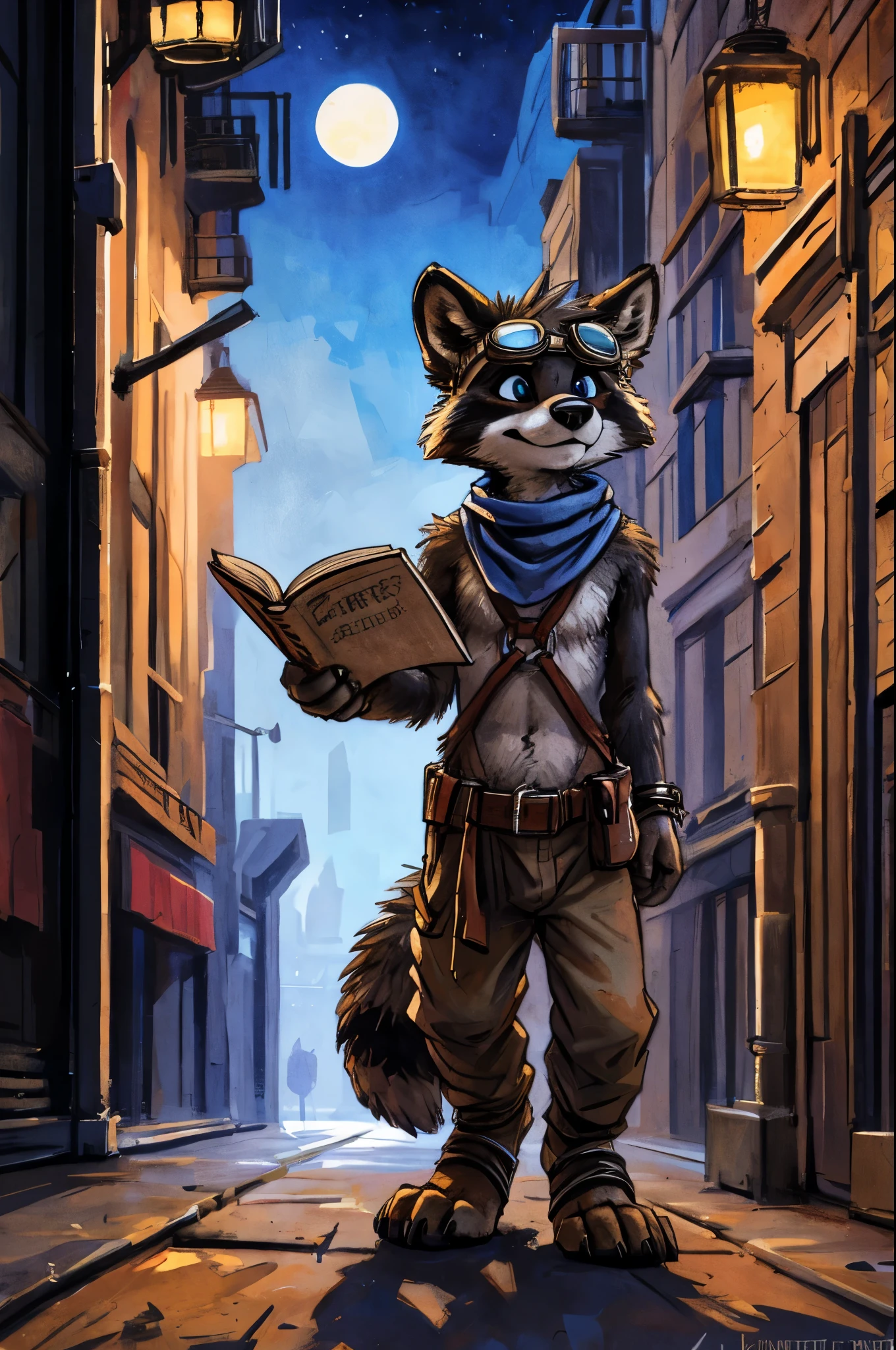 no lighting, deep shadow, dynamic angle, Solo, teen furry, furry, teen, raccoon, grey body, long brown spiked_ponytail, Detailed body fur, long blue scarf, leather_harness, blue_loincloth, goggles, masterpiece, gray body, Detailed face, big eyebrows, blue eyes, detailed eyes, No muscles, Detailed hands, Flat body, Skinny, Detailed paws, metal cuffs on wrists, metal cuffs on ankles, black baggy pants, no shirt, street, night, no underwear, reading, art by kenket