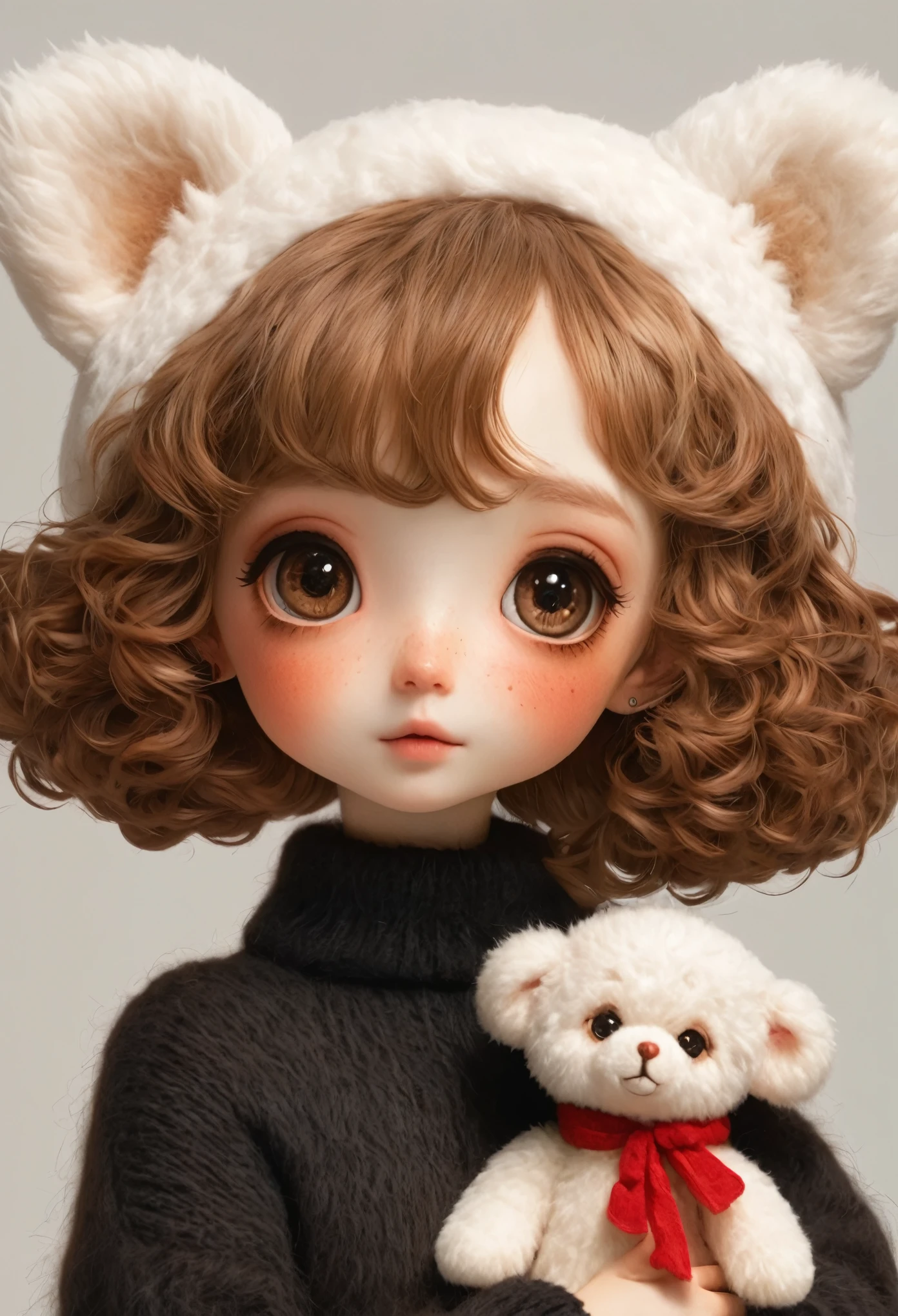 (masterpiece, best quality:1.2), (((1 Girl，Brown big eyes，Red face，White curly short hair，whole body，shoe，sock，3D，Black furry sweater，)))Hugging a teddy bear，