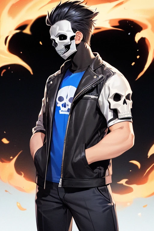 ((1guy)), perfect face, ghost rider, black hair, short hair, brown eyes, blue flames, ((dark background)), ((facing forward)), cowboy shot, ((skull mask)), in the center, (()), ((standing)), ((hands in pockets)), ((perfect hands, correct number of fingers)), ((modern clothes)),