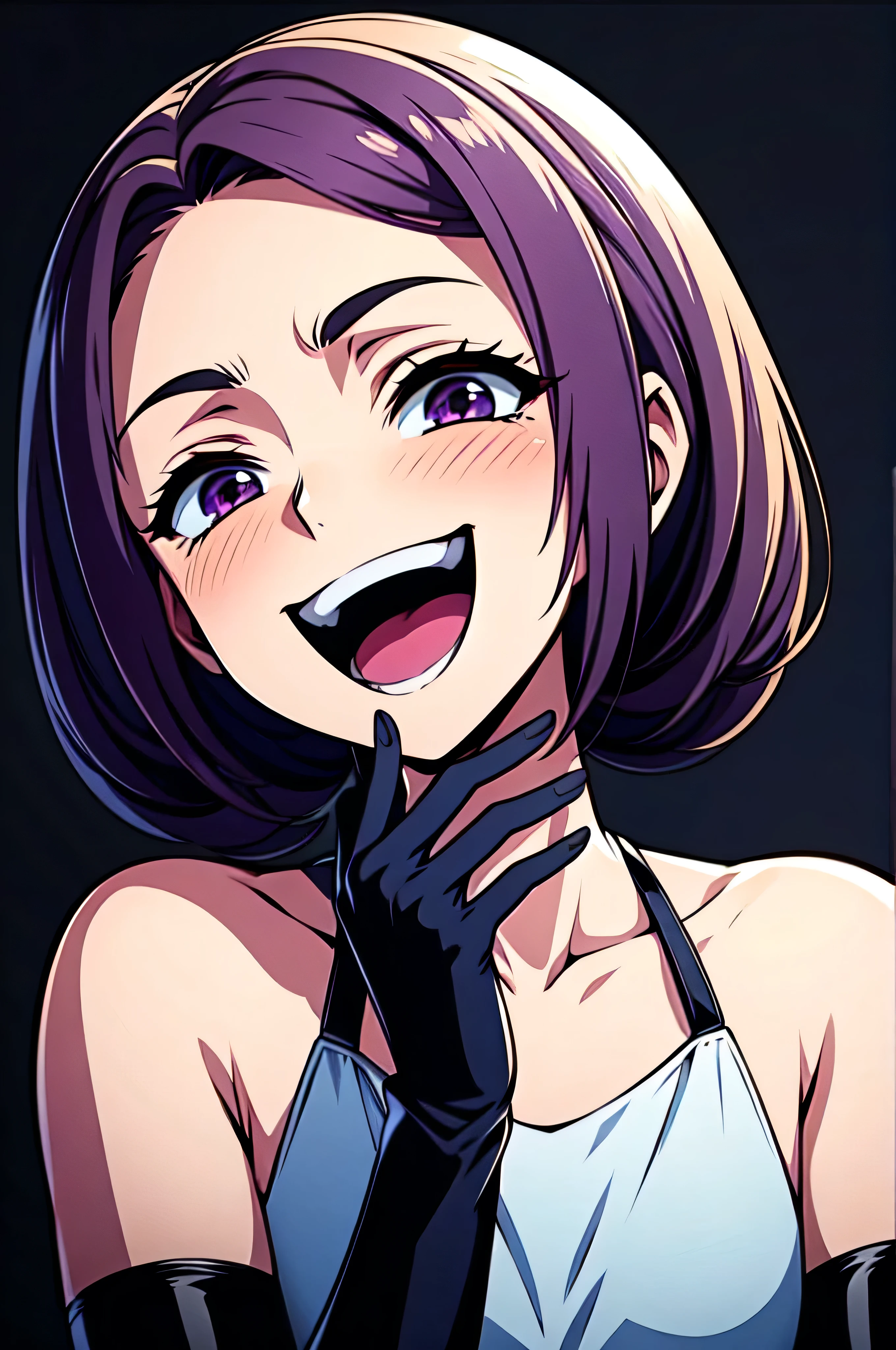 Best picture quality, 4K, 8K, High resolution, Masterpiece: 1.2), ultra detailed,,black and dark aura background,masterpiece, highest quality,best quakity, High resolution,,twintail,flat chest,sheded face,latex,elbow gloves,evil smile,sadistic,evil laugh at,small girl,,Shiny skin,black and purple background,face only,