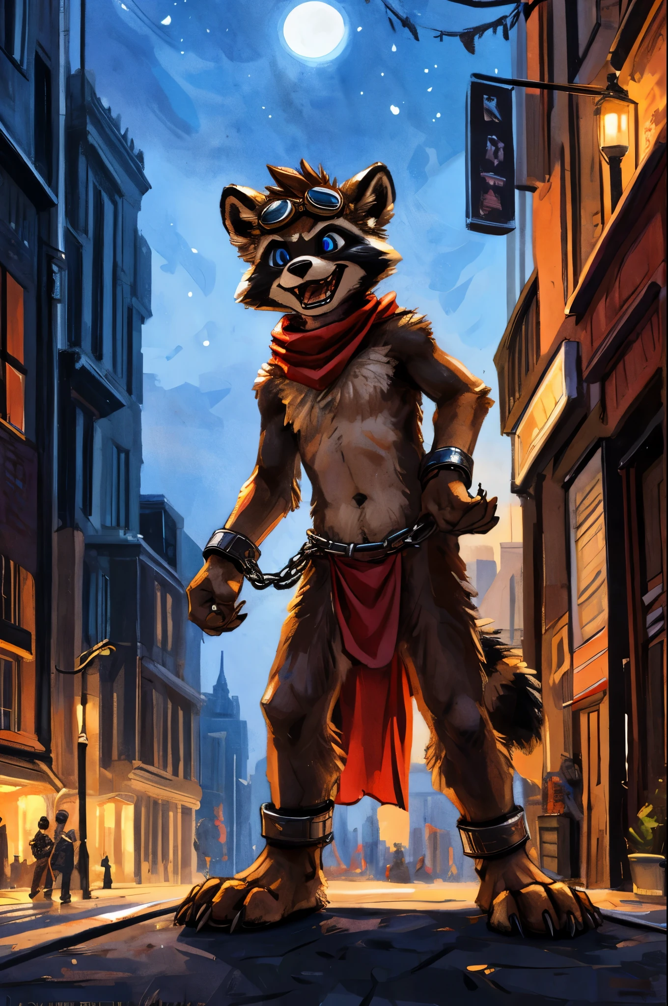 no lighting, deep shadow, dynamic angle, masterpiece, high quality, hi res, solo, young Furry, furry, young, raccoon, spiked brown hair only on head, red scarf, blue eyes, goggles, chain harness, red loincloth, red cape, masterpiece, detail body, fur all over body, detailed face, detailed eyes, detailed hands, Skinny, claws, high resolution, metal cuffs on wrists, metal cuffs on ankles, no shirt, no underwear, city, night, street, excited, sneer, art by kenket