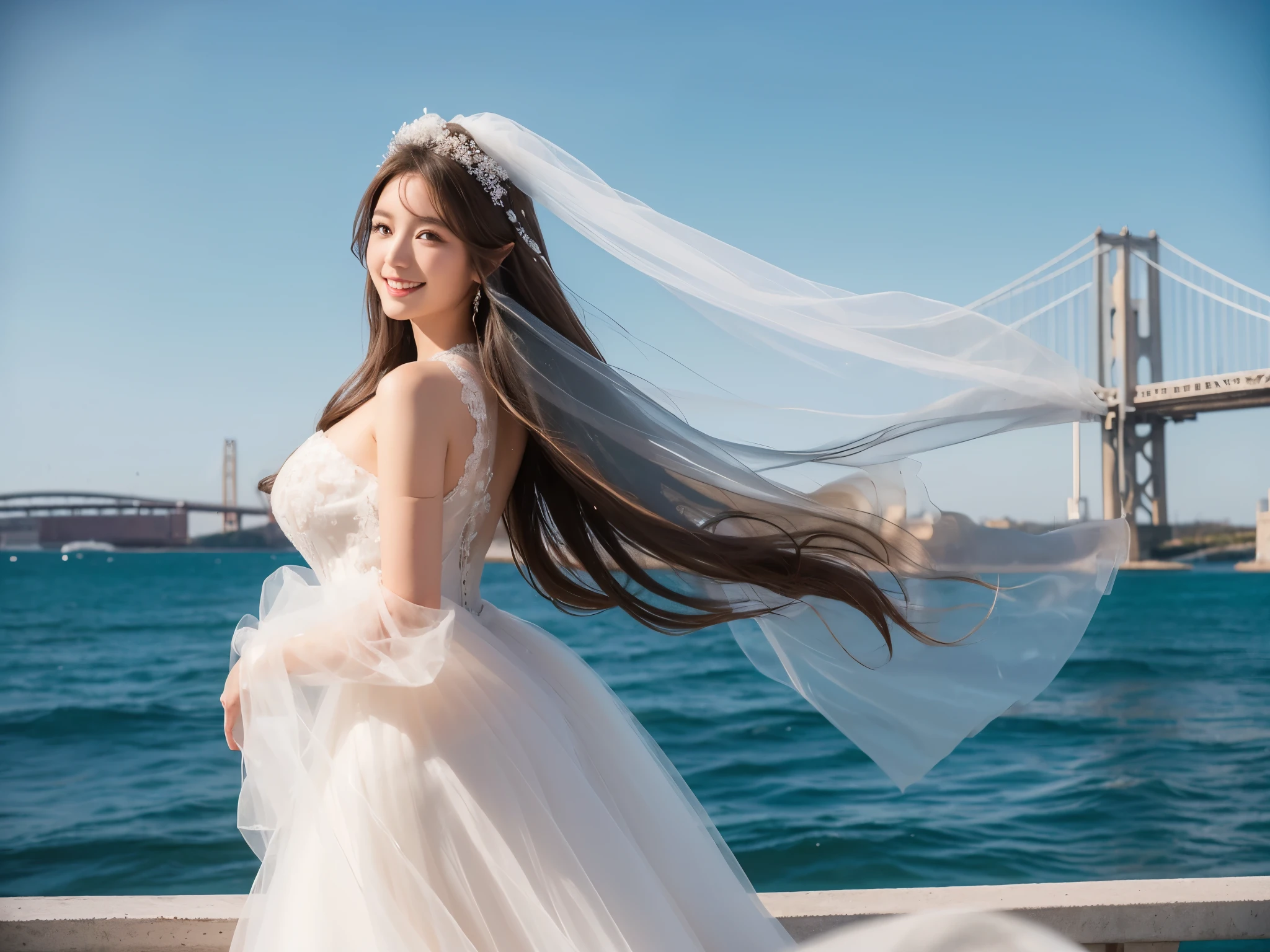 A woman with a beautiful and well-proportioned face
hair waving in the wind
(brown hair)
calm smile
G cup breasts
wearing a wedding dress
(white prom dress)
(There's a white wedding veil on my head)
There is a big and long bridge
The blue sea spreads under the bridge
a car is passing
japanese woman