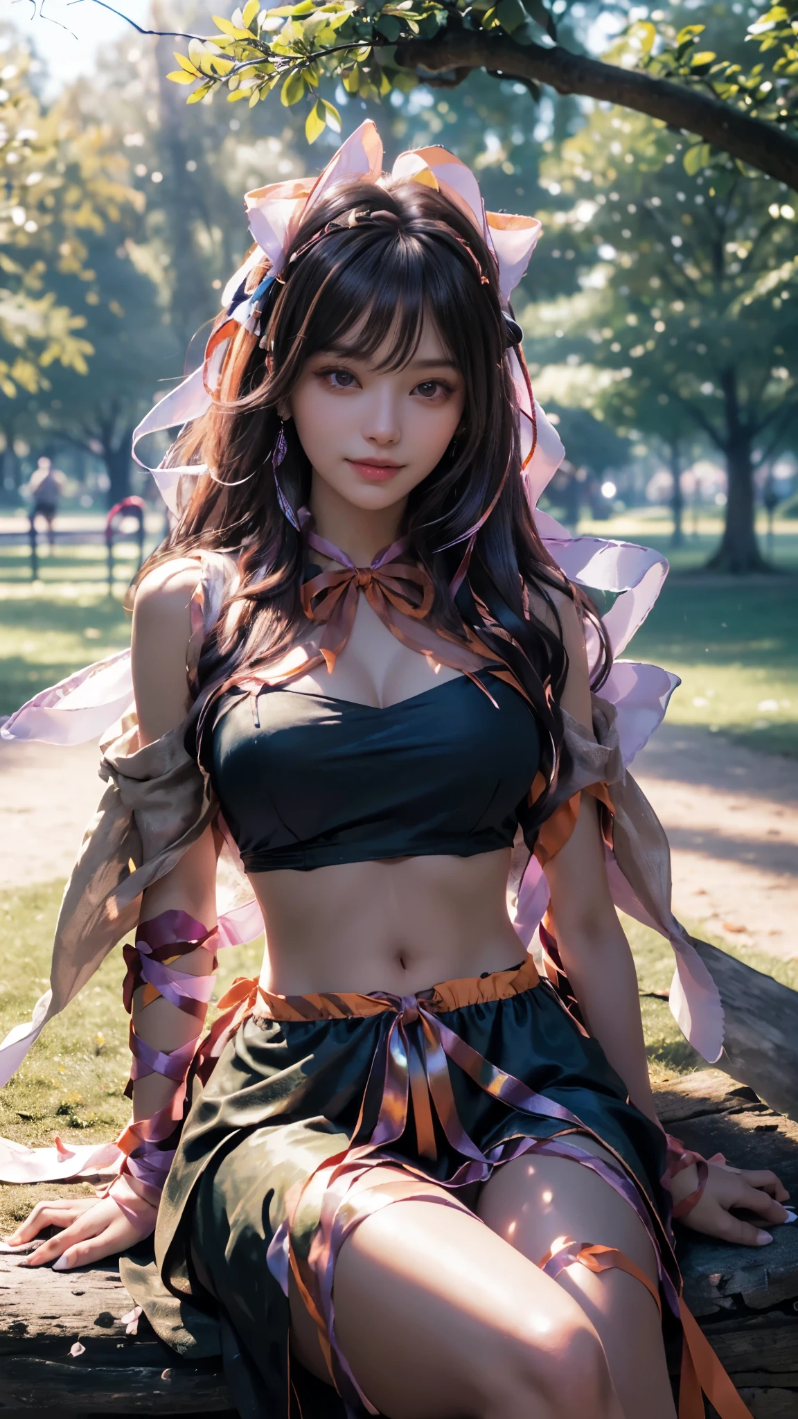 (ultra-realistic realism), (illustratio), (A high resolution), (8K), (The is very detailed), (Best Illustration), (Beautifully detailed eyes), (top-quality), (ultra - detailed), (tmasterpiece), (HD Color), 1 girl, ((24 years old girl)), ((glosy skin)), (A detailed face), solo, 1 girl in, looking at viewert, finedetail, A detailed face, in the darkness nigth, deep shading, low tune, pureerosfaceace_V1, A smile, ((orange shawl)) ,straight hair, 46-point diagonal bangs, (beautiful stomach, strips), (shining ribbon:1.5), (cropped shoulders), (in the park:1.5), lake, ((sitting pose)),