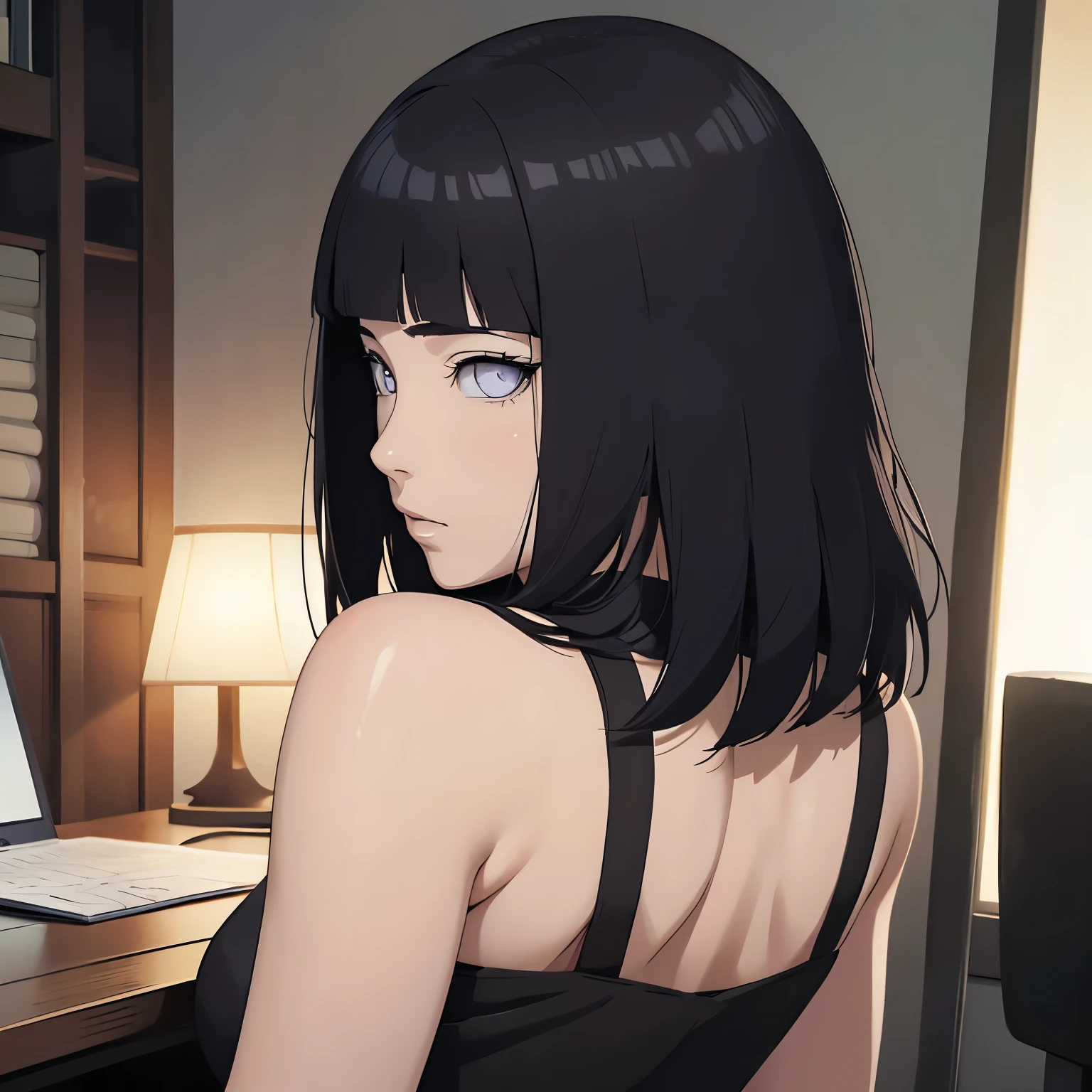 (masterpiece), anime, Best quality, good anatomy, one girl, Hinata Hyuga, back, buttocks emphasis, white eyes, realistic face, gloomy face, dark hair, short haircut ,bare shoulders, tight black top, black pencil skirt, tall legs, beautiful legs, office, Reflectors, 8K masterpiece, super detail, film movie, best quality, best ditails, detailed face, detailed eyes, from behind