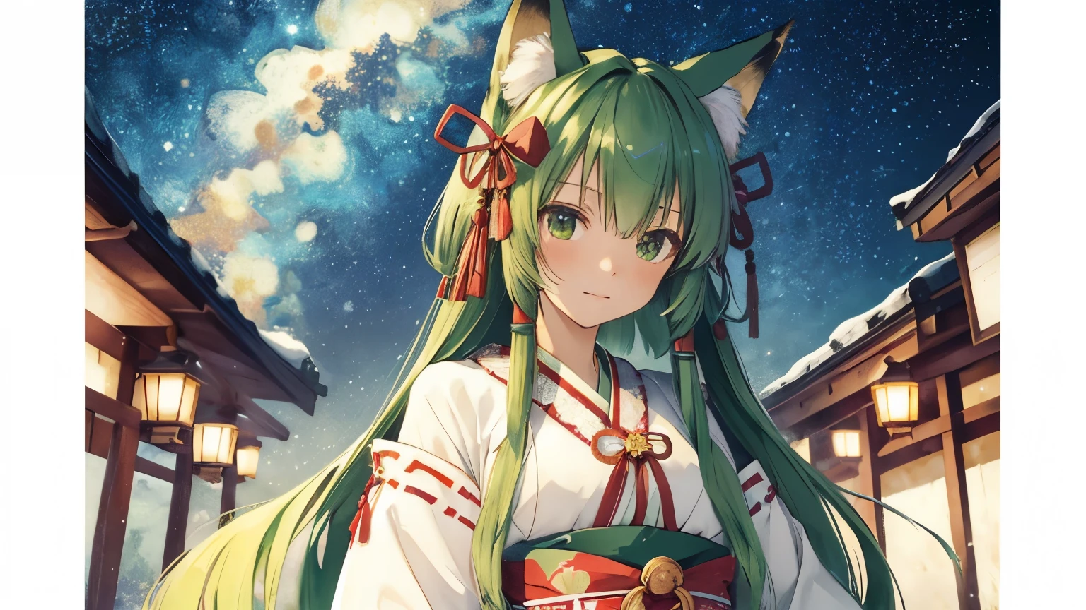 ((highest quality)), ((masterpiece)), (detailed),Starry Sky, Cute , Ainu traditional clothing, Fox ears, Green twin-tailed hair, Big bell, Big Red Ribbon,shrine