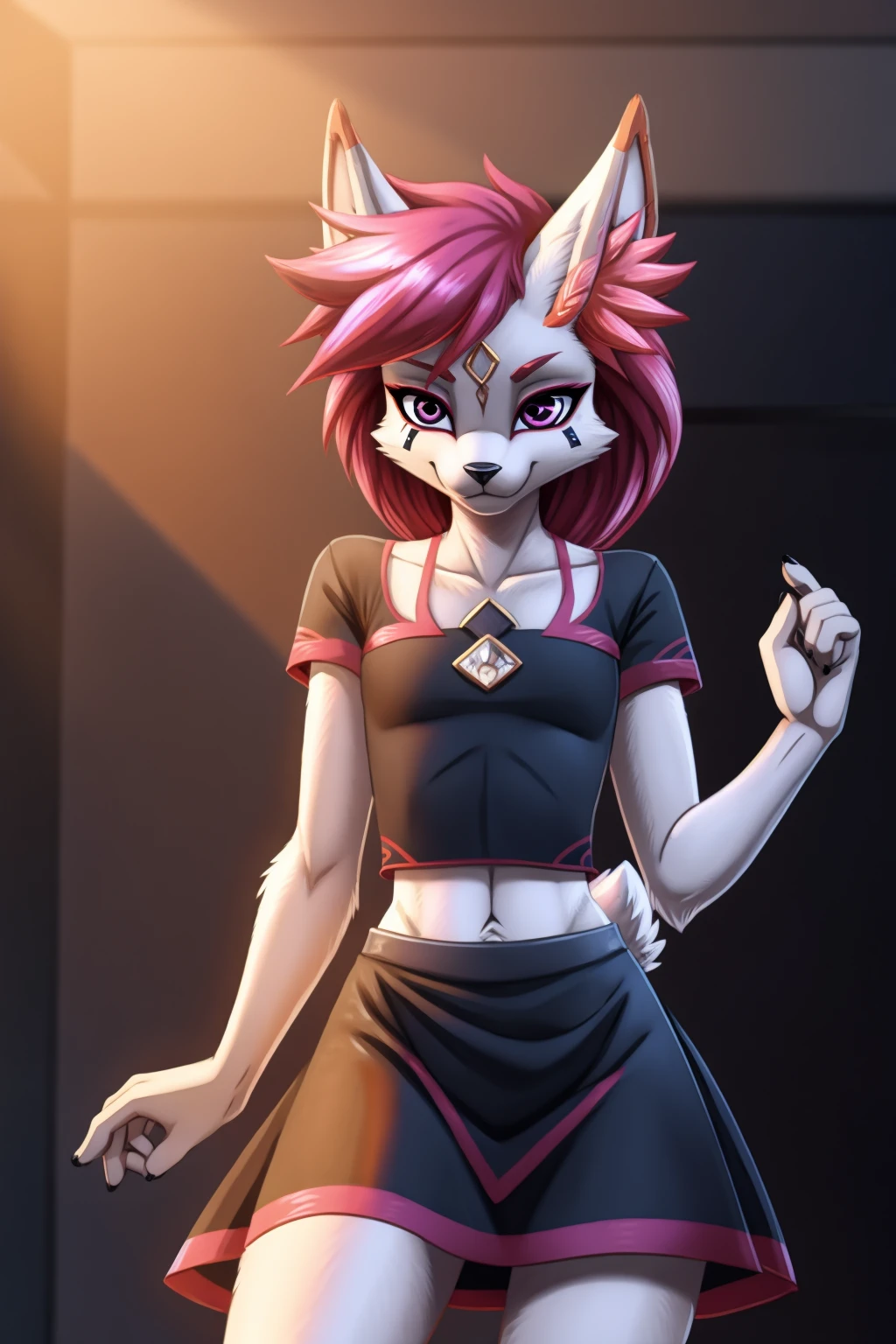 By zinfyuu on pixiv,by twistedscarlet60, uploaded on pixiv, by fluff-kevlar, (masterpiece), (best quality), (anthro furry:1.3, snout:1.2, anthro:1.3, furry:1.2, solo female:1.2), (extremely detailed:1.3), (Detailed eye part: White lens, pink iris,black cornea), tall, slim body, sweet smile, wear Black tshirt and long skirt, kimiko