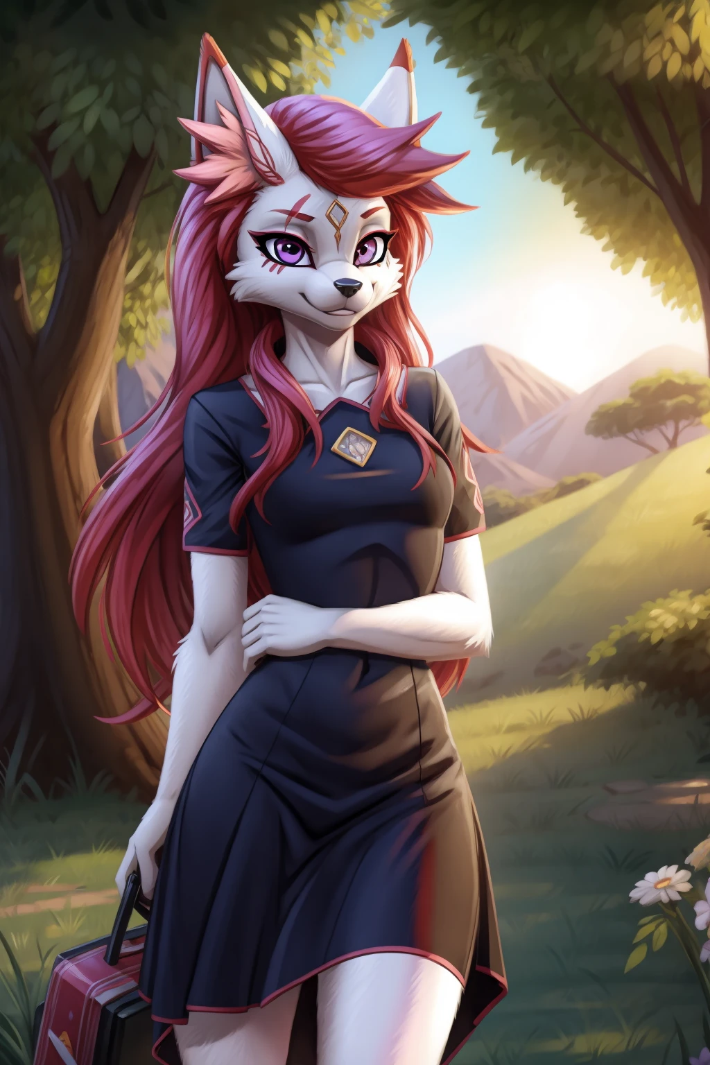 By zinfyuu on pixiv,by twistedscarlet60, uploaded on pixiv, by fluff-kevlar, (masterpiece), (best quality), (anthro furry:1.3, snout:1.2, anthro:1.3, furry:1.2, solo female:1.2), (extremely detailed:1.3), (Detailed eye part: White lens, pink iris,black cornea), tall, slim body, sweet smile, wear Black tshirt and long skirt, kimiko
