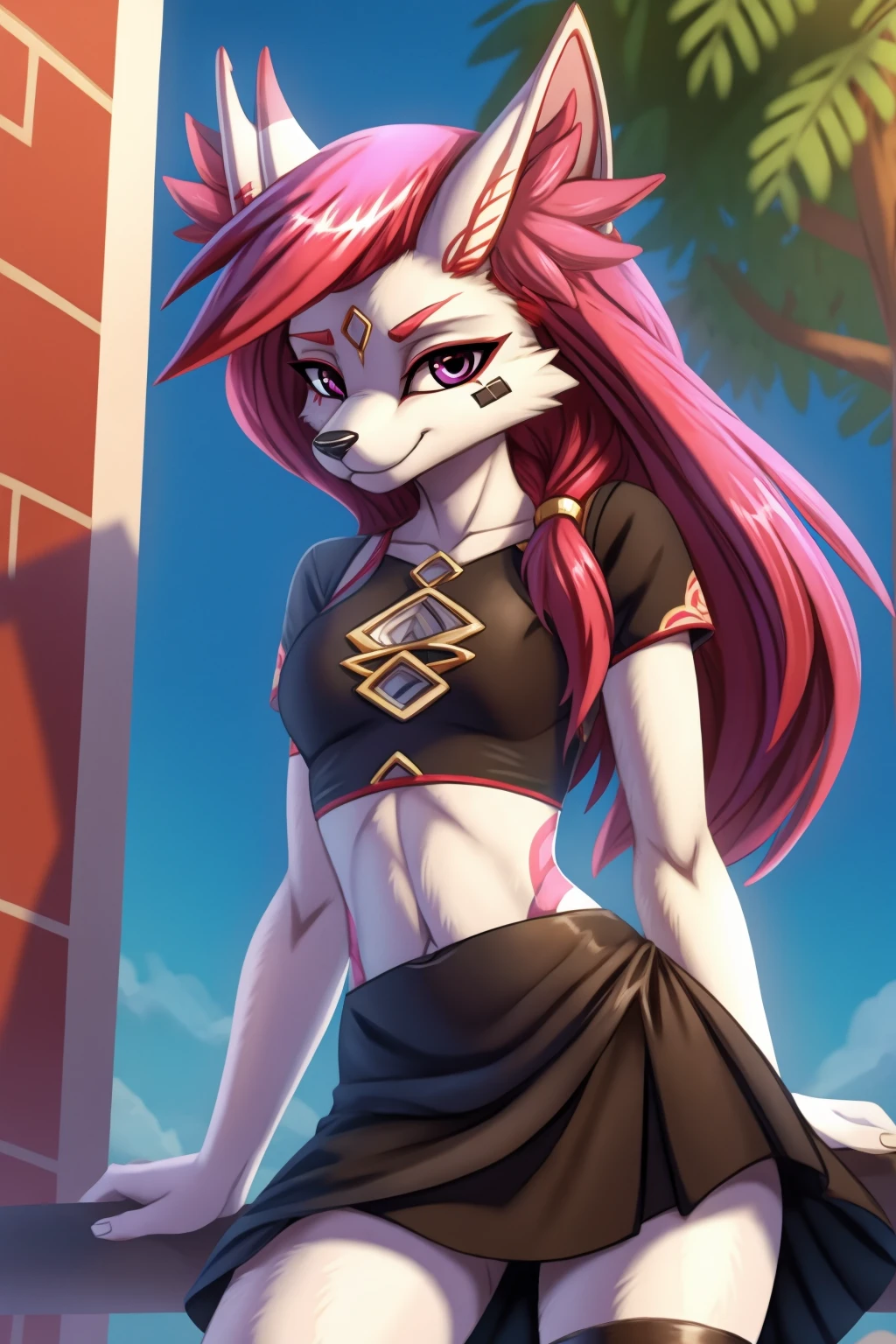 By zinfyuu on pixiv,by twistedscarlet60, uploaded on pixiv, by fluff-kevlar, (masterpiece), (best quality), (anthro furry:1.3, snout:1.2, anthro:1.3, furry:1.2, solo female:1.2), (extremely detailed:1.3), (Detailed eye part: White lens, pink iris,black cornea), tall, slim body, sweet smile, wear Black tshirt and long skirt, kimiko