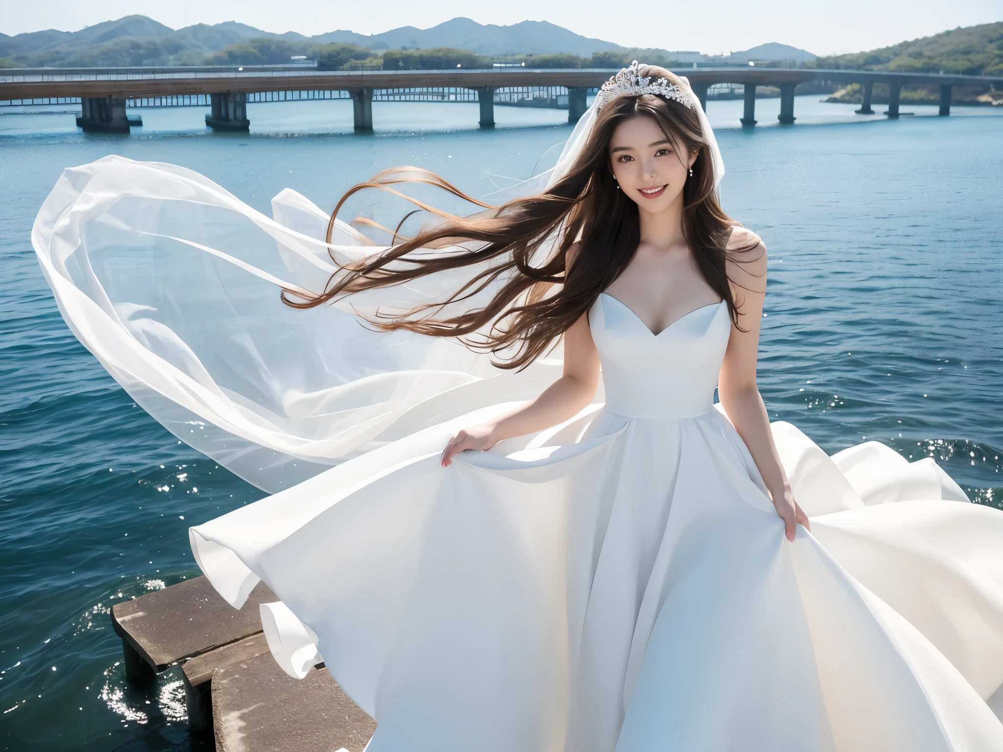 A woman with a beautiful and well-proportioned face 

hair waving in the wind 

(brown hair) 

calm smile 

G cup breasts 

wearing a wedding dress 

(white prom dress) 

(There's a white wedding veil on my head) 

There is a big and long bridge 

The blue sea spreads under the bridge 

a car is passing 

japanese woman 

