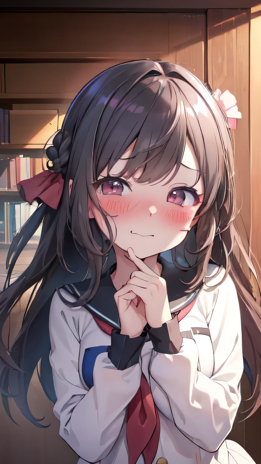 Very detailed、(8k, RAW Photos, highest quality, masterpiece:1.2), (Very detailed 8k wallpaper),shape、Professional Lighting,Sharp focus, Written boundary depth、
Browsing Caution、Clear Eyes、Perfect Anatomy、With a girl、、Cute girl、Micro erafuku 、(blush:1.5)、、Black Hair、From the back、