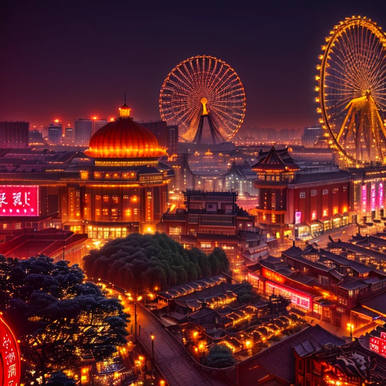 arafed view of a City at night with a ferris wheel in the background, Baotou China, Beijing, Beautiful images, Beautiful high resolution, wide angle panorama, Wide-angle lens, Wide-angle lens, Night Shooting, Wide-angle lens, Shopping mall background, Shenzhen, Unobscured, Shanghai, Stunning images, Post-processing, City, Dreamy China, That
