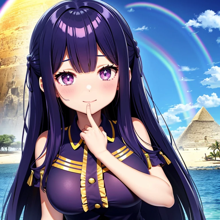 A rainbow hangs over the blue sky,desert,pyramid,Cleopatra,Interested々,Dacchuno,cute,Ai Fukuhara,Purple long hair,Large breasts,Wearing a skirt,crown