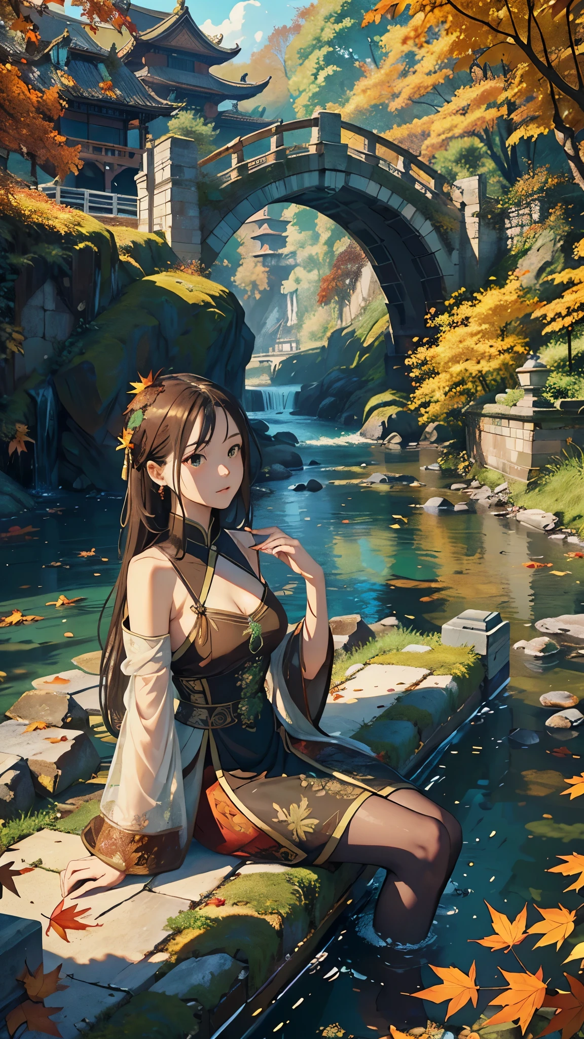 (Masterpiece: 1.1), (Best quality: 1.2), Ultra-high definition, 1 scene, Chinese antiquity, riverside, old bridge, serene, (Brown water: 1.3), rich in detail and texture, crystal-clear reflections, (Green surroundings: 1.4), lush with foliage, Autumn hues, (Detailed architectural elements: 1.5), intricate carvings and intricate design, weathered wooden planks, (Worn, aged brick: 1.3), moss-covered stone bases, (Autumn leaves falling: 1.2), painted in warm, mellow colors