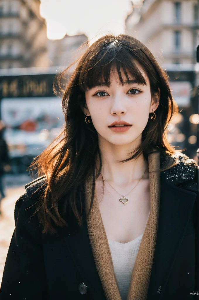 (masterpiece, top quality, best quality,8k, girl,ultra detailed,raw photo:1.5),(photorealistic:1.4),(cinematic lighting), PerfectNwsjMajic, , Surrealism, UHD, ccurate, Super detail, textured skin, High detail, Best quality, dynamic angle, (high nose,White skin),[Beautiful eyes],[flat chest:large breasts:0.5],(1girl),(good anatomy:0.5)), jewelry, necklace, realistic, brown hair, blurry background, blurry,bangs, black eyes,paris,fashion,peoples in background, winter coat,dynamic pose, motion blur,Warm sun：1.7,Winter,snow,