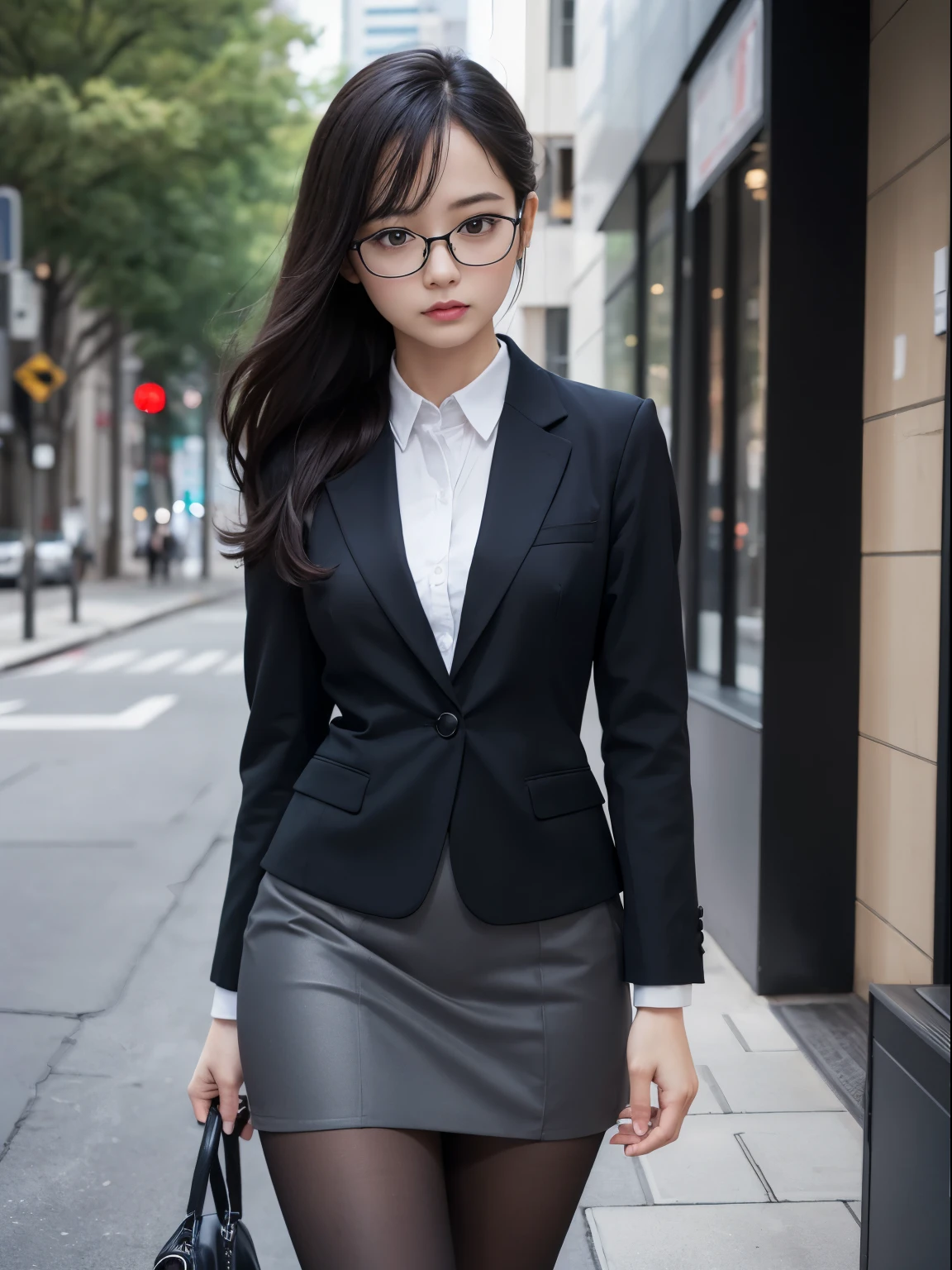 alone、solo、OL in her 20s in office uniform posing for a photo、(Black Pantyhose)、(Half Up),victory、Tsundere、Single knot、OL、suit、blue mini skirt、anger、small、Glasses、slim girl model photo、physical:the smallest middle-aged man in history、female model、Japanese female fashion model、(8k、RAW photo、highest quality、masterpiece:1.2)、(real、photorealistic:1.37)、Super detailed、Ultra high definition、office Street、 standing position、whole body、((((SEXY)))
